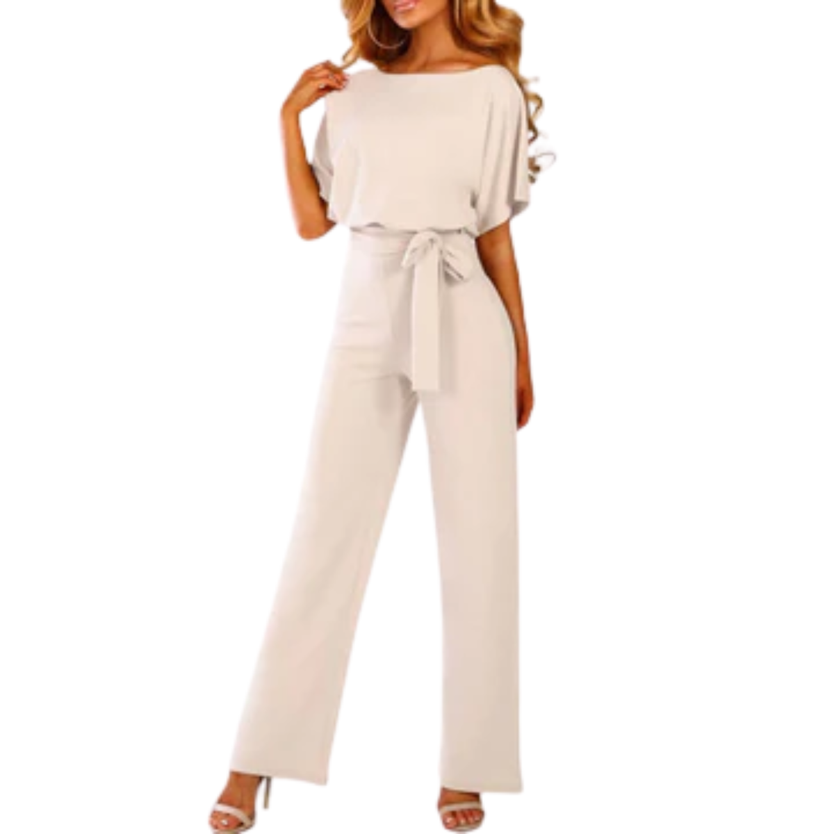 Women's wide-leg jumpsuit — belted waist with short sleeves — office wear