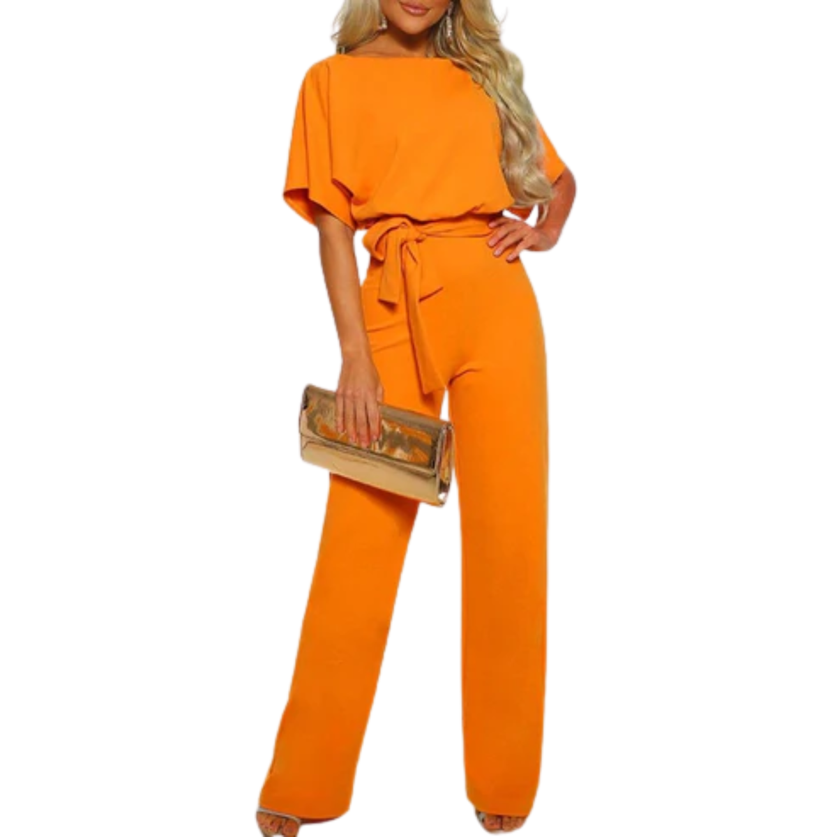 Women's short-sleeve jumpsuit — tie waist wide leg — casual events
