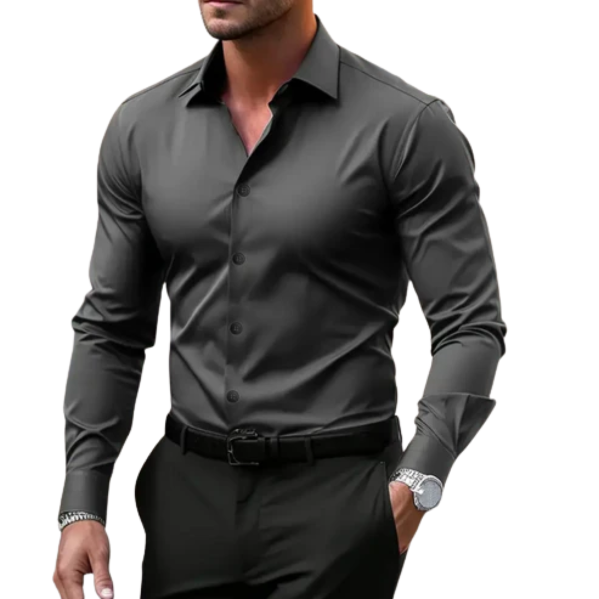 Men’s long-sleeve shirt — regular fit notched collar — office wear