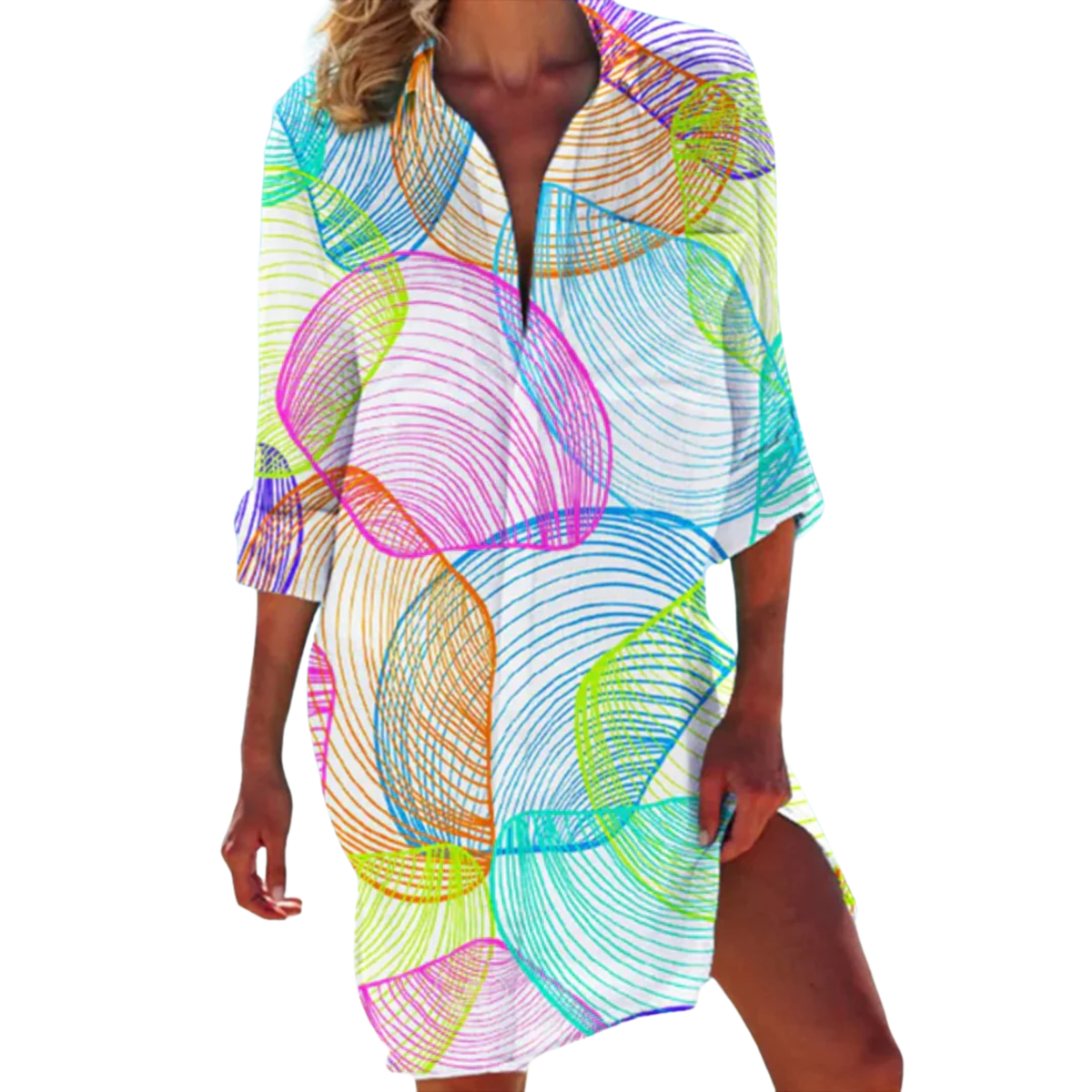 Tropical Print Shirt Dress Women's Beach Cover Up with 3/4 Roll-Tab Sleeves
