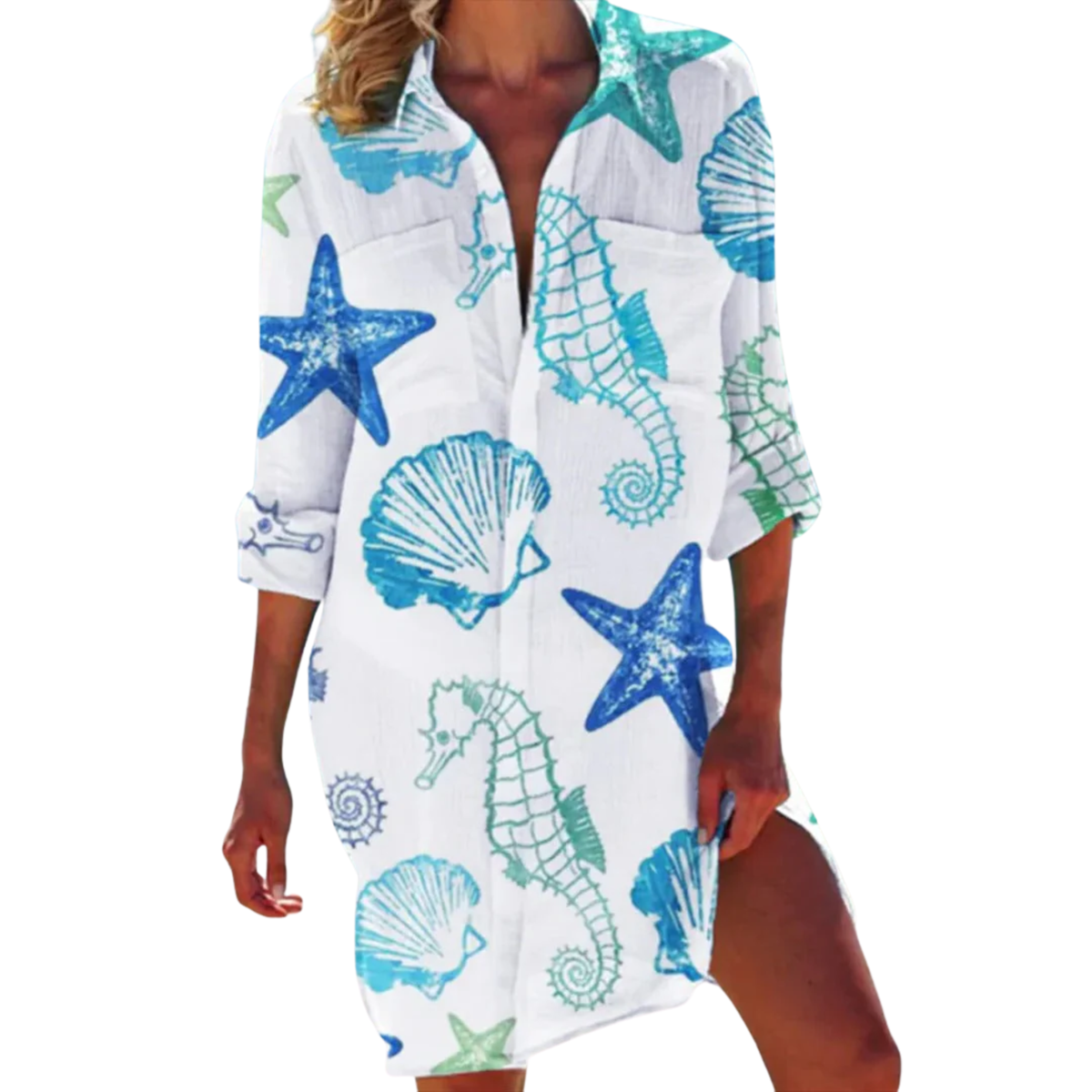 Tropical Print Shirt Dress Women's Beach Cover Up with 3/4 Roll-Tab Sleeves