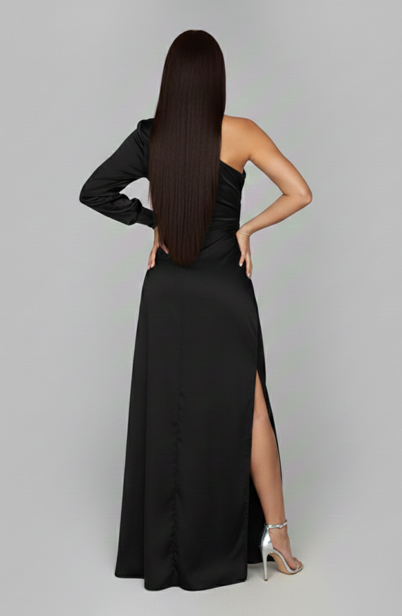 Women's maxi dress - one-shoulder satin design with side slit | wedding guest