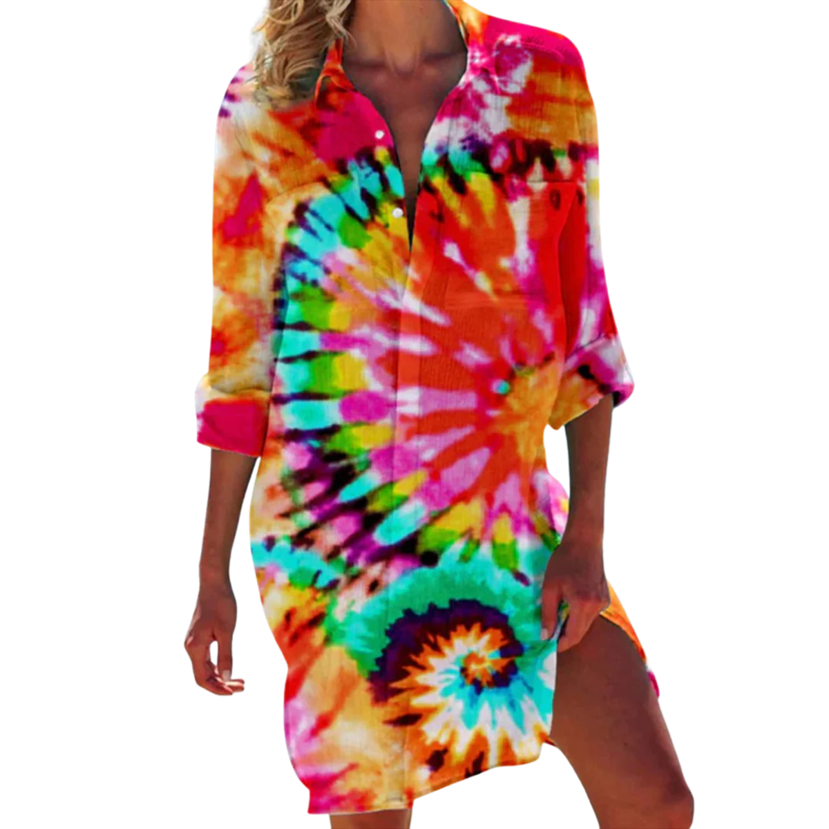 Tropical Print Shirt Dress Women's Beach Cover Up with 3/4 Roll-Tab Sleeves