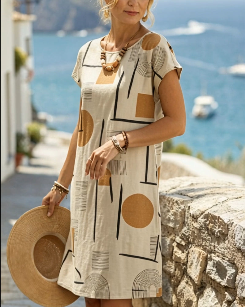 Women's shift dress - abstract geometric printed mini dress with round neck | casual