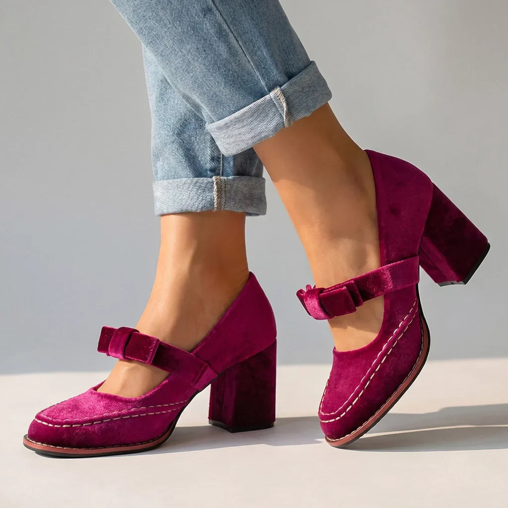 Women's slip-on loafers - block heel with velvet finish dinner