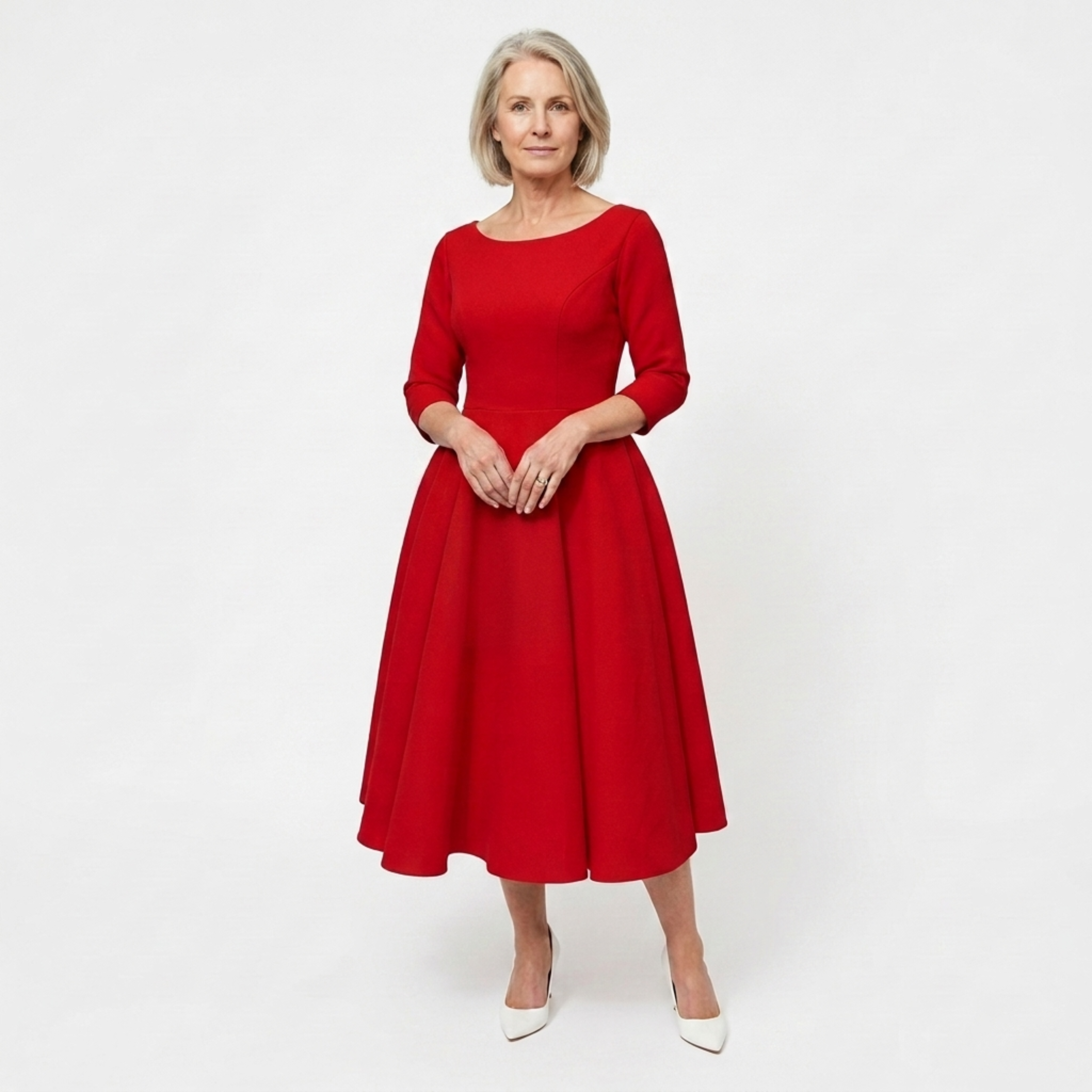 Women's A-Line Midi Dress Three Quarter Sleeve Round Neck Wedding Guest Formal Dress