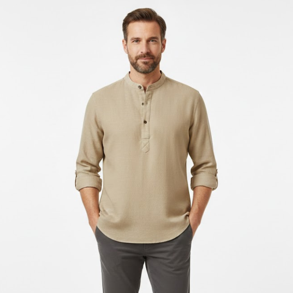 Men's Cotton Linen Henley Shirt Long Sleeve Breathable Casual Beach Button Top