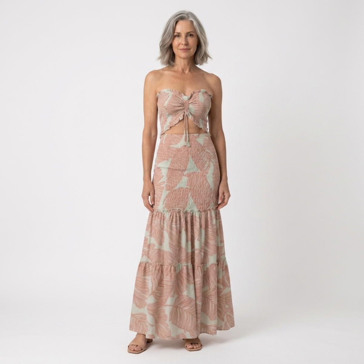 Women's Strapless Maxi Dress Tropical Leaf Print Ruched Waist Cut-Out Beach Dress