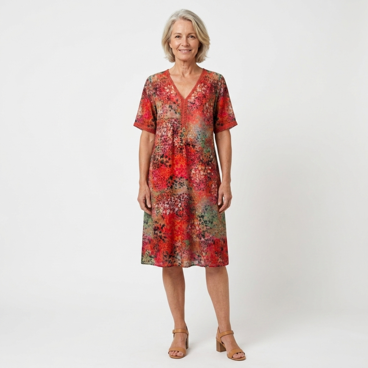 Women's printed midi dress — V-neck a-line with pockets — casual daily