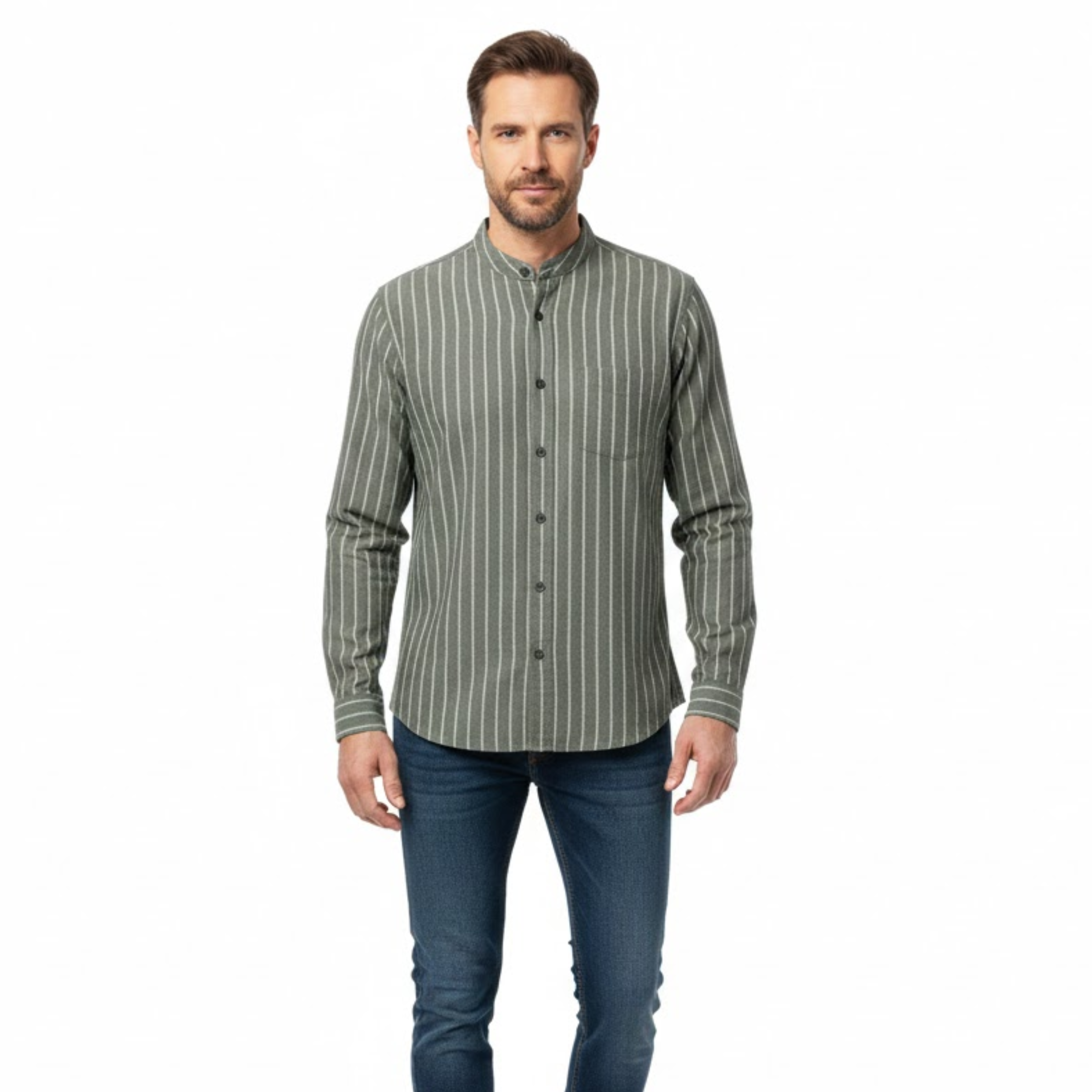 Men's Cotton Linen Striped Shirt Full Sleeve Stand Collar Single Breasted Casual Top