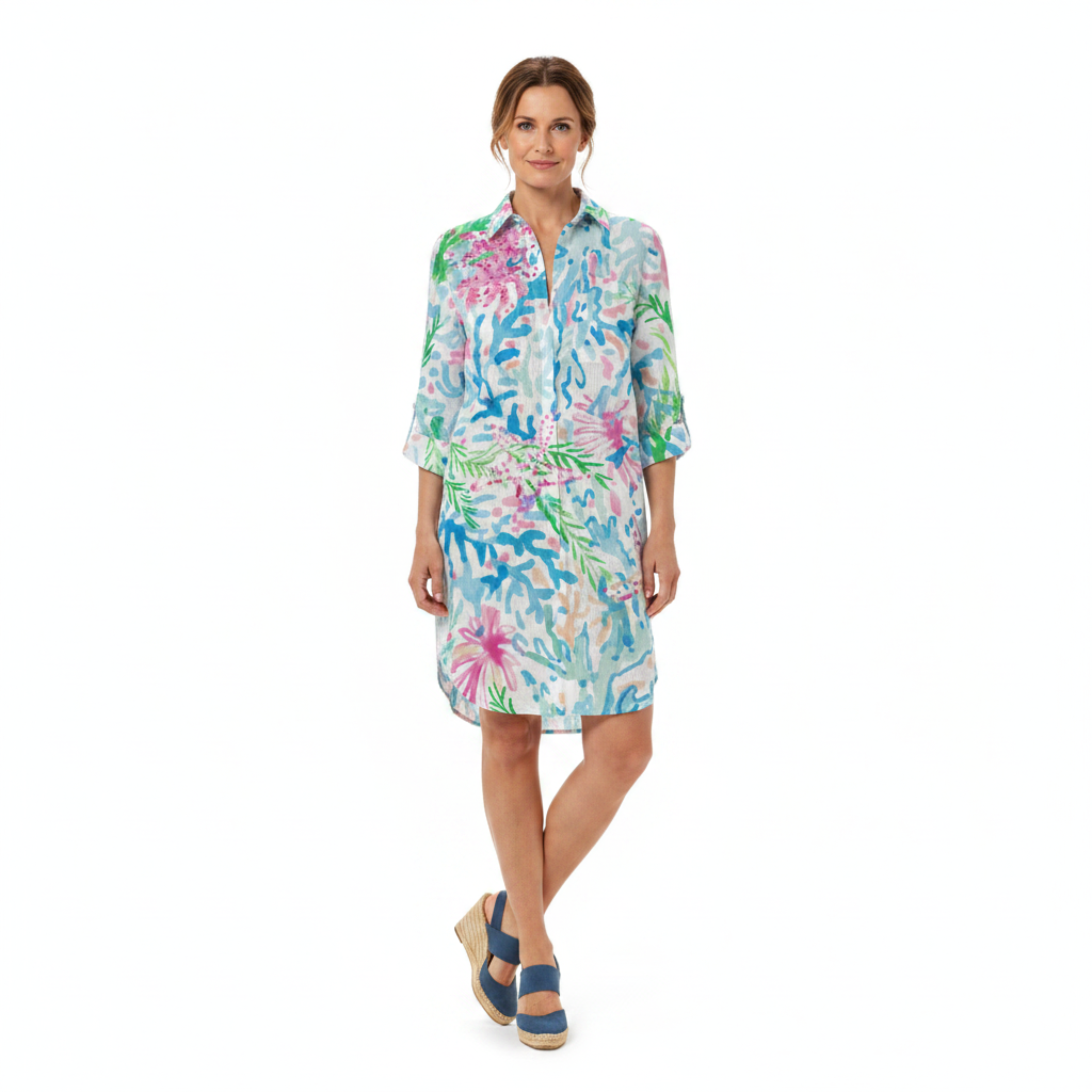 Tropical Print Shirt Dress Women's Beach Cover Up with 3/4 Roll-Tab Sleeves