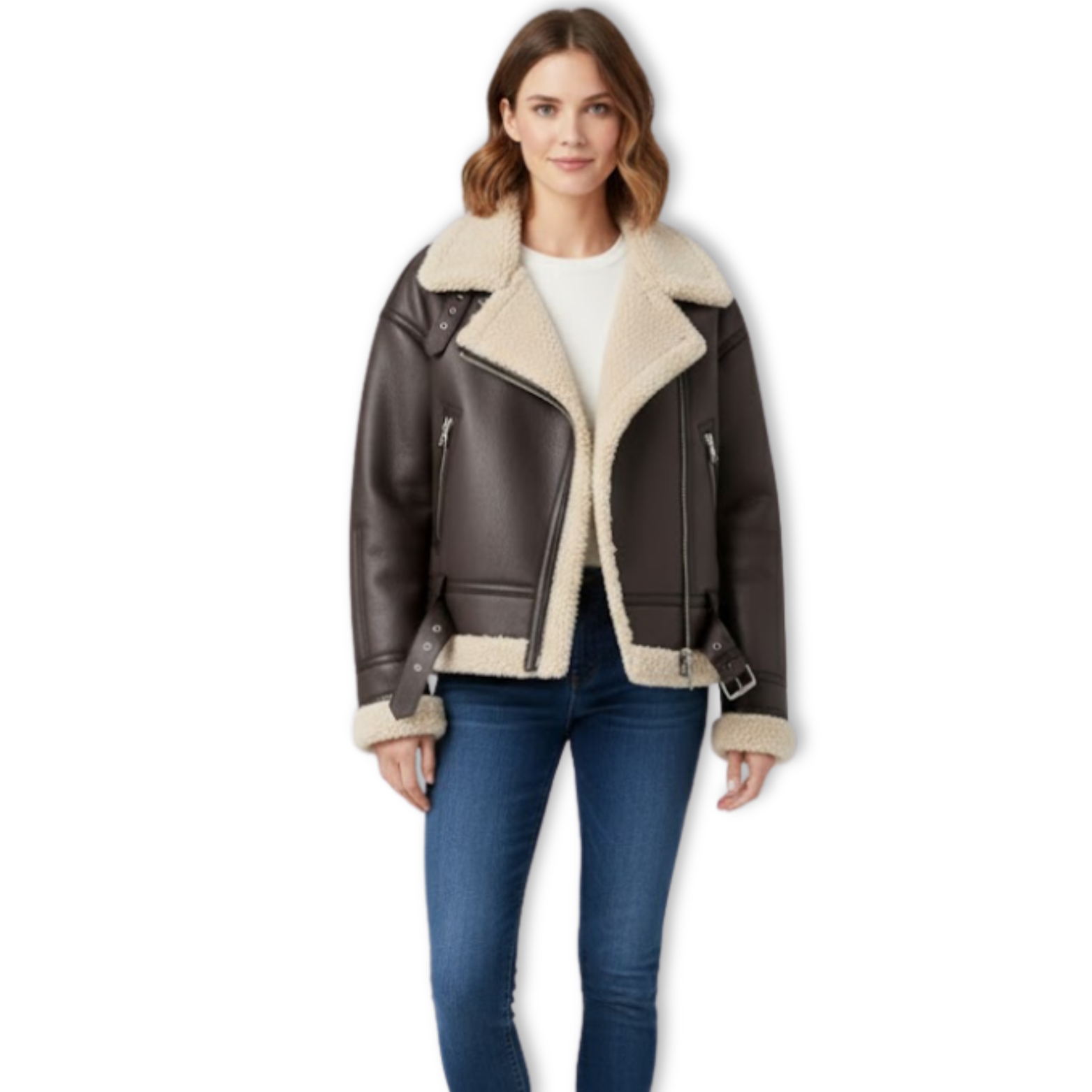 Women's Faux Shearling Aviator Jacket Thick Warm Fleece Lined Belted Biker Coat
