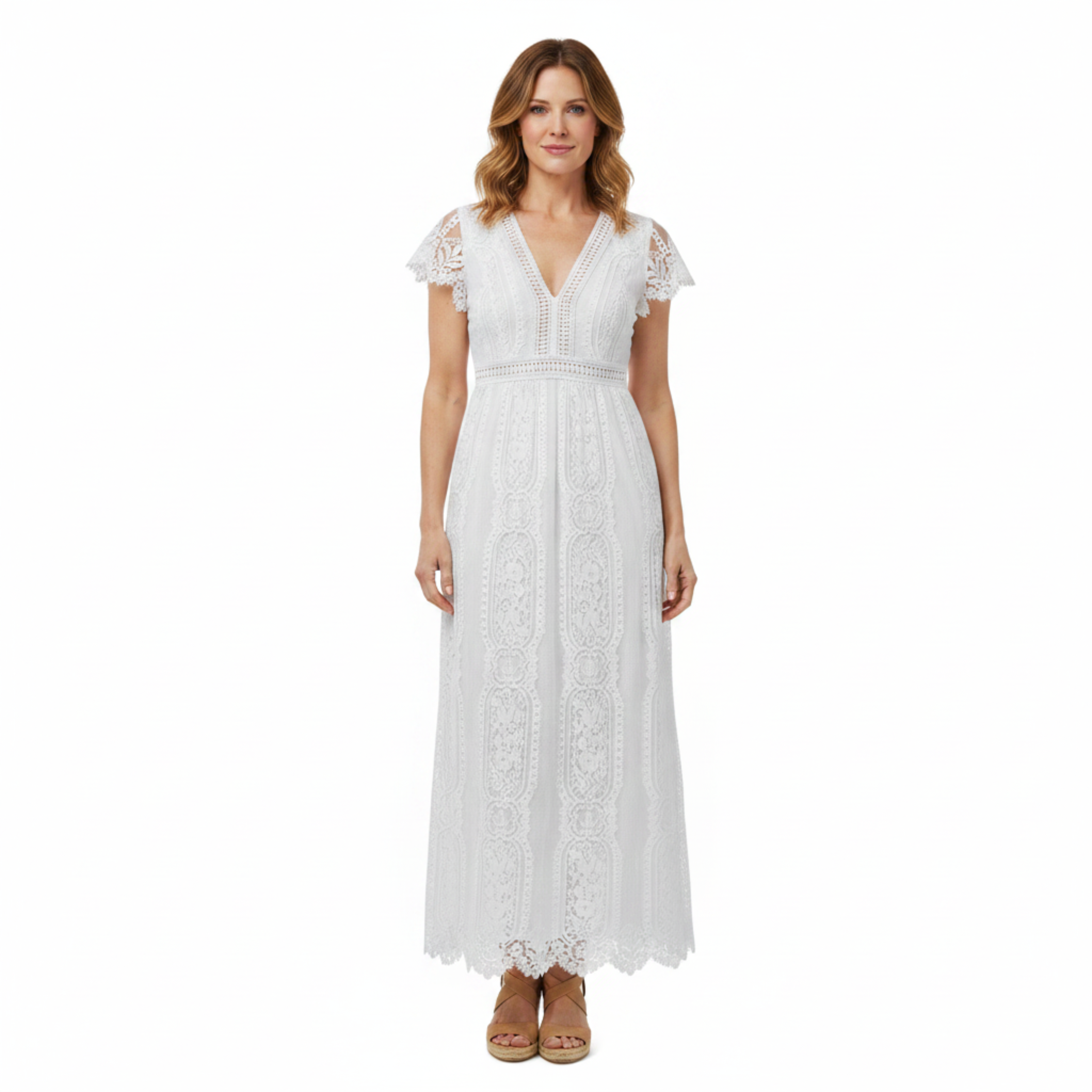 Women's Floral Lace Maxi Dress with Cap Sleeves and Scalloped Hem A-Line Fit