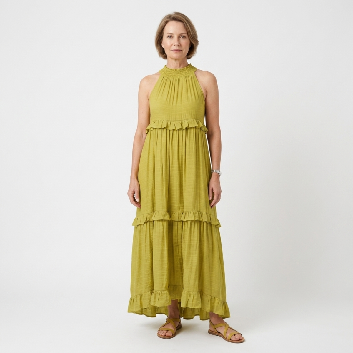Women's Tiered Maxi Dress Halter Neck Cotton Blend Sleeveless Flowing Wedding Guest Dress