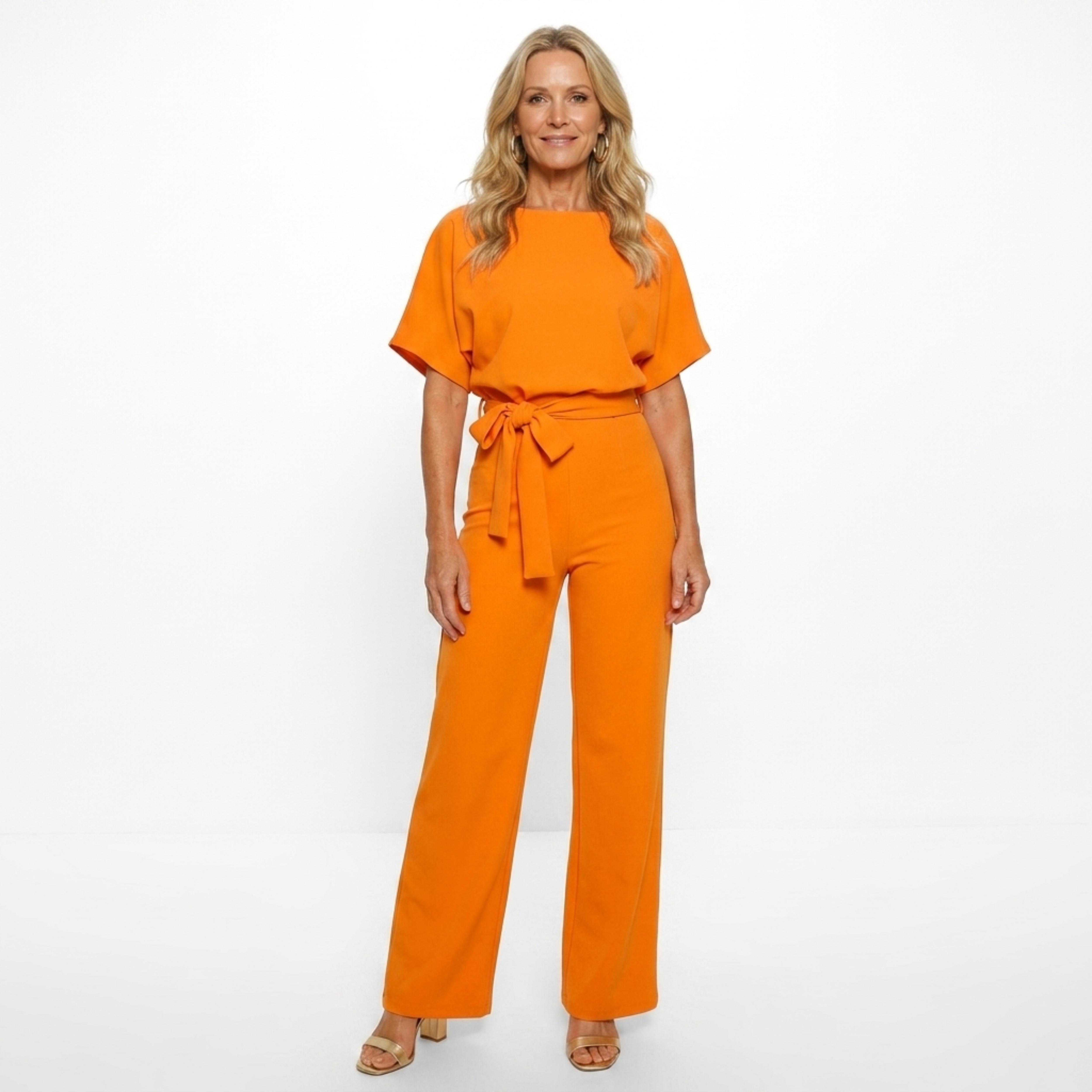 Women's short-sleeve jumpsuit — tie waist wide leg — casual events