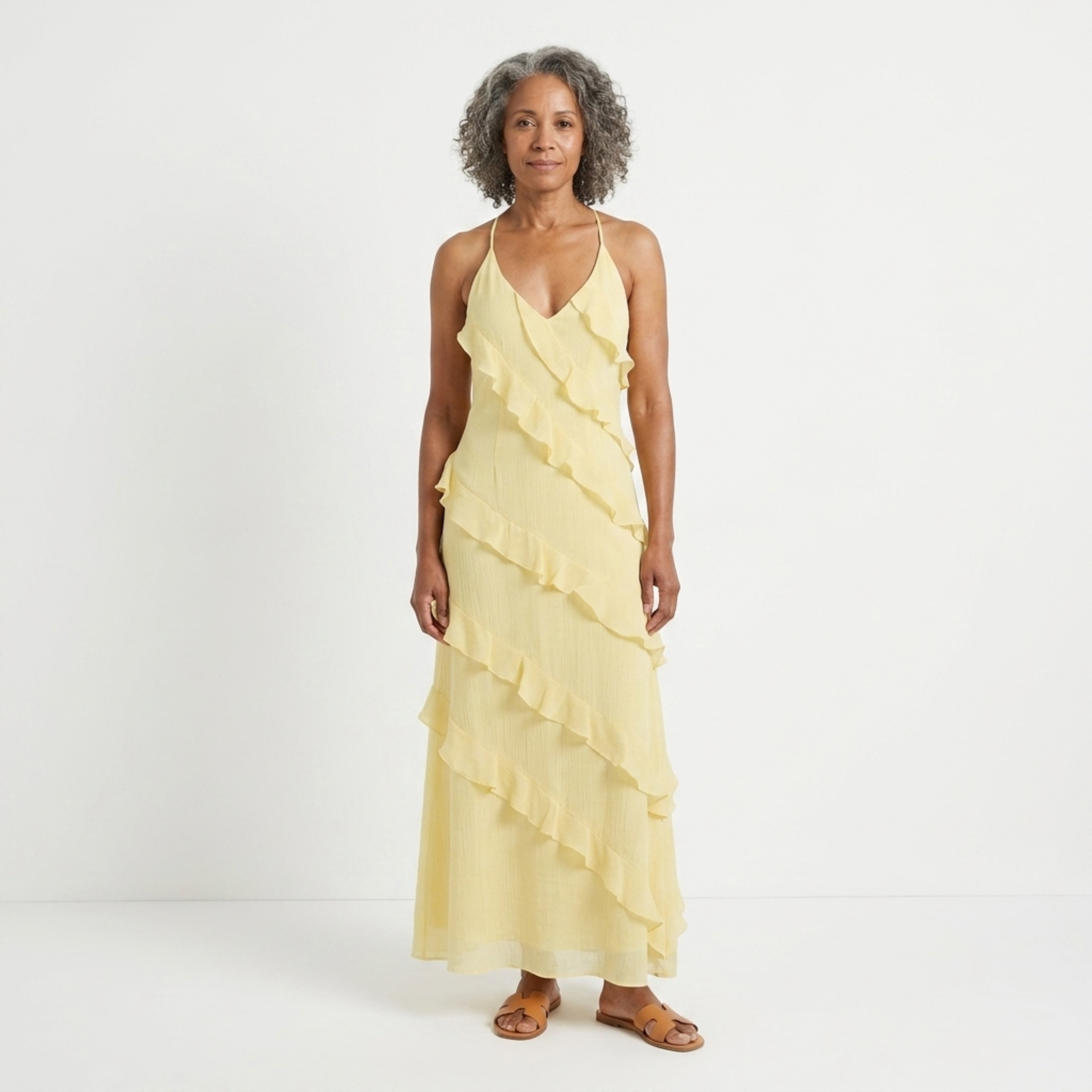 Women's ruffle maxi dress — halter neck tiered evening gown — wedding guest
