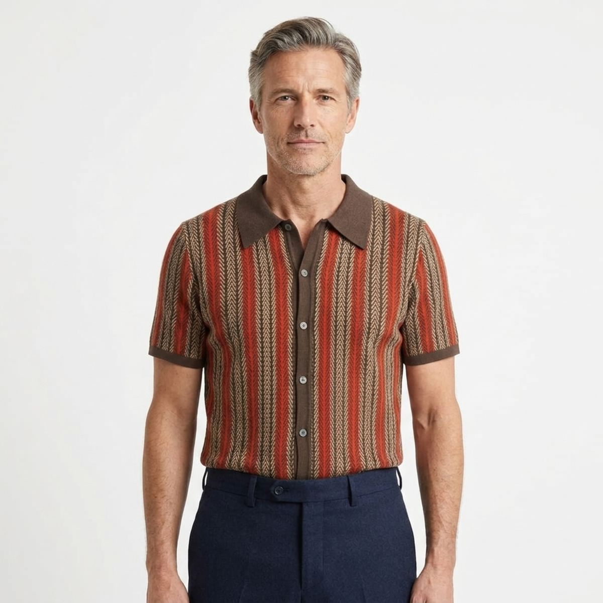 Men's knit polo shirt — vertical stripe — casual resort wear