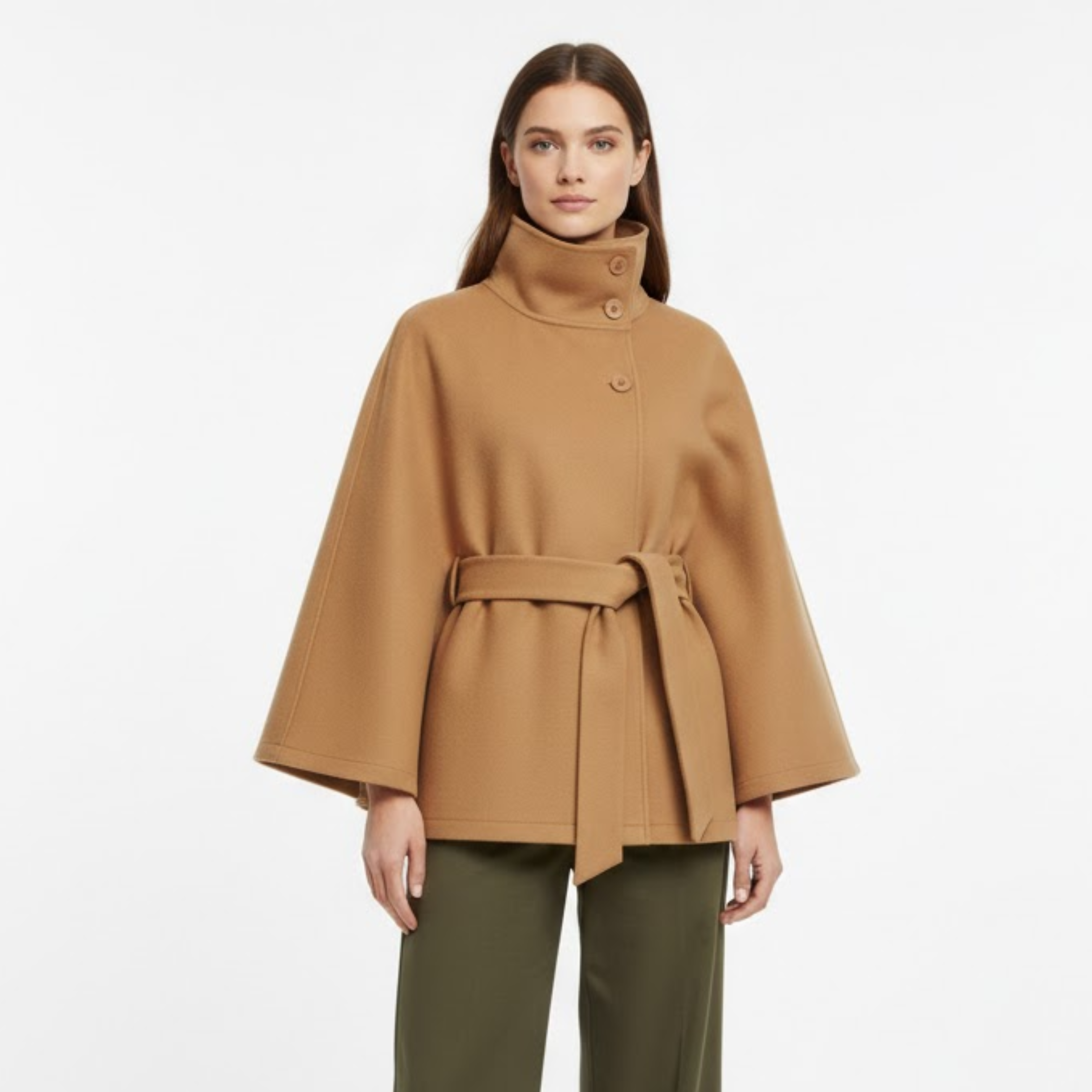 Women's Belted Cape Coat Funnel Neck Long Sleeve Polyester Button Cloak Outerwear