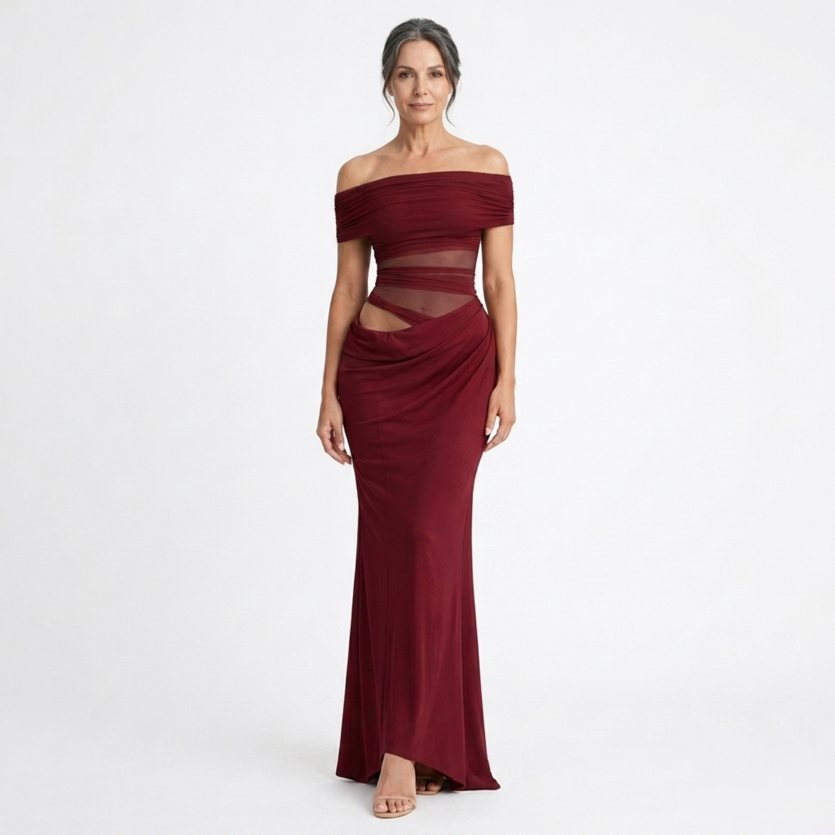 Women's Off Shoulder Ruched Mesh Maxi Dress Sleeveless Bodycon Wedding Guest Dress