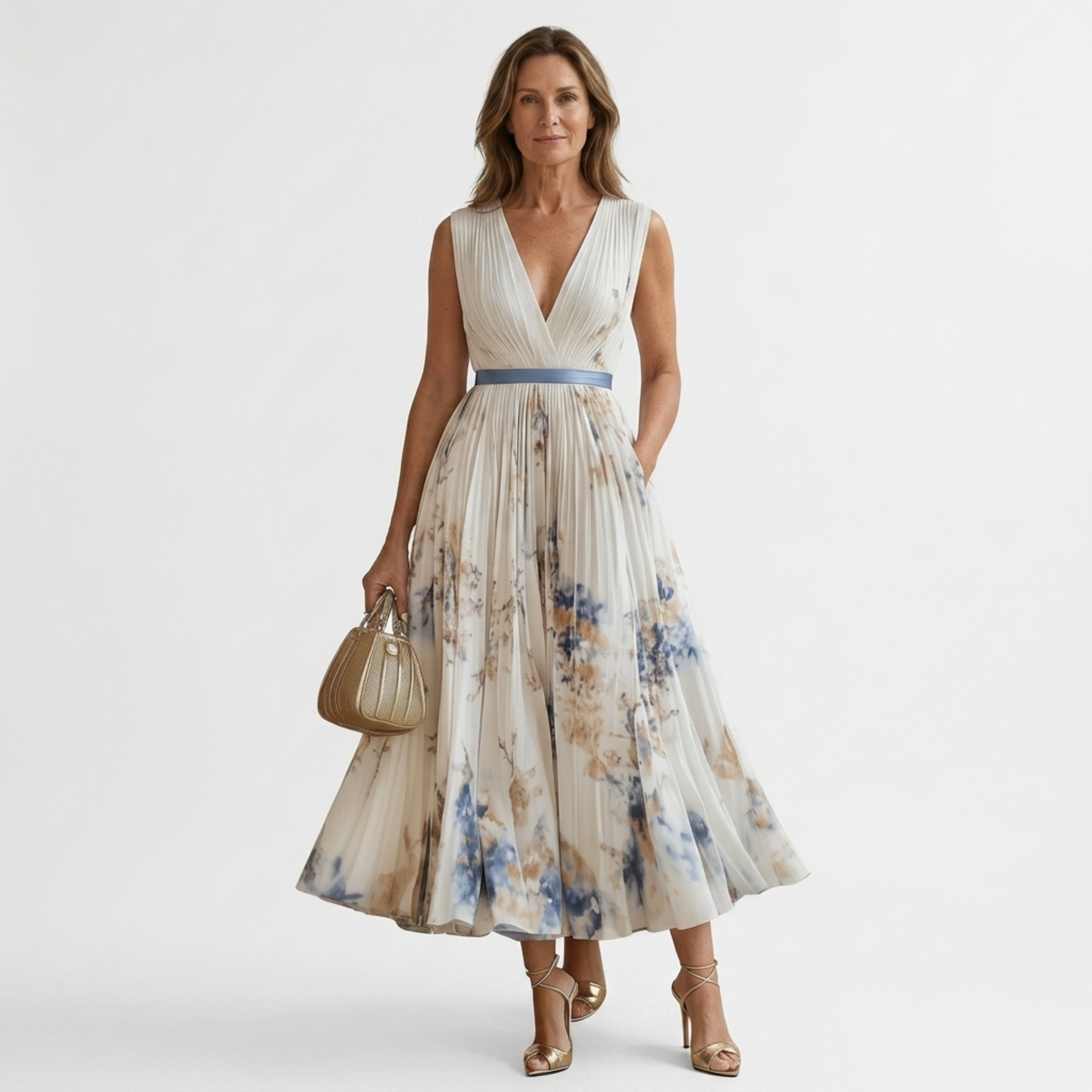Women's v-neck midi dress — sleeveless pleated skirt with pockets — wedding guest