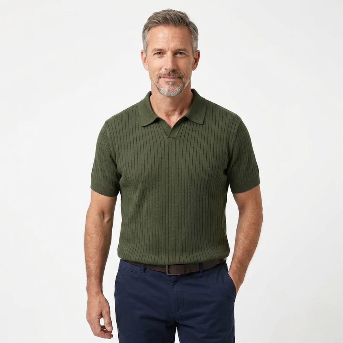 Men's slim fit polo shirt — vertical textured knit — smart casual wear