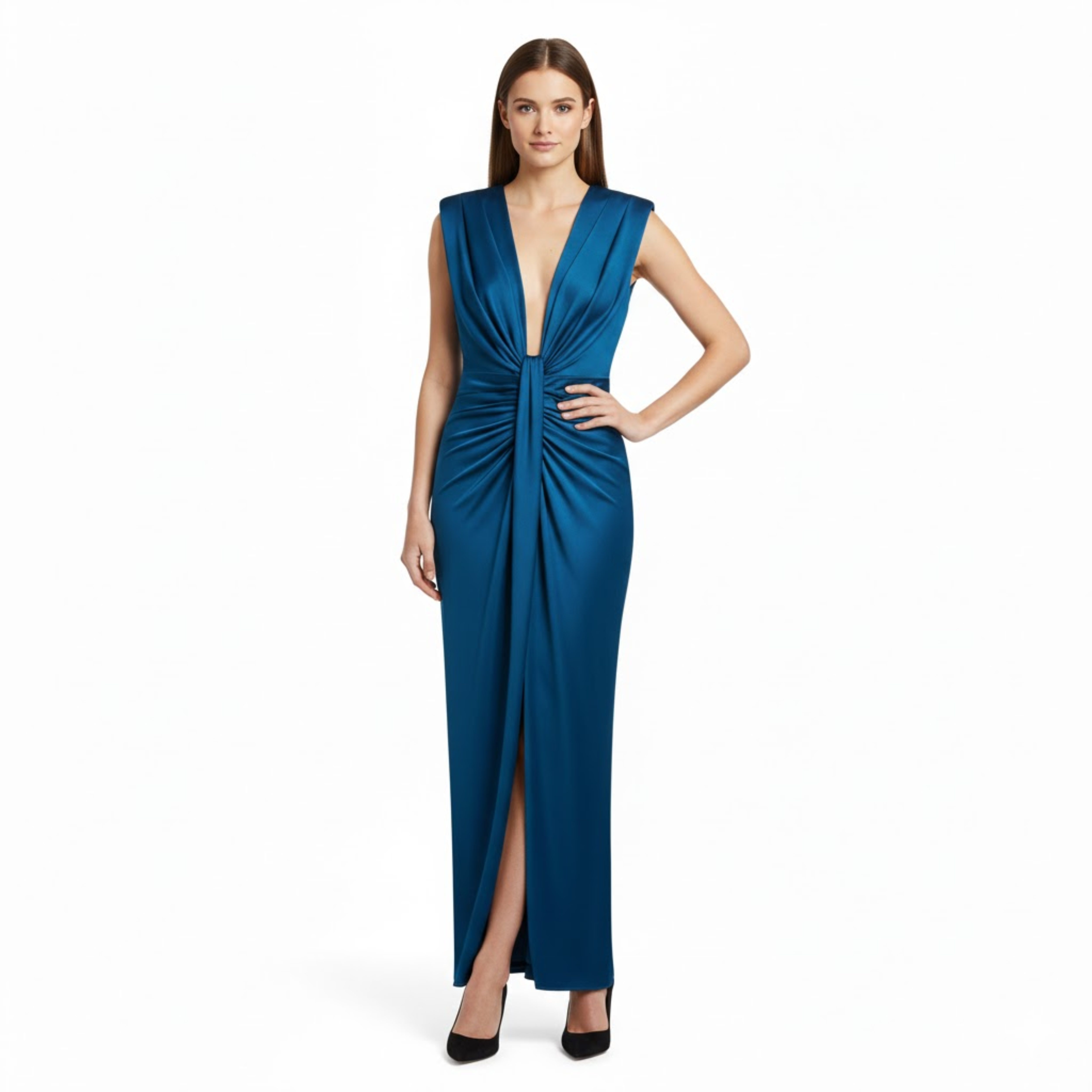 Formal V-Neck Pleated Sleeveless Maxi Dress with High Slit and Ruched Bodice