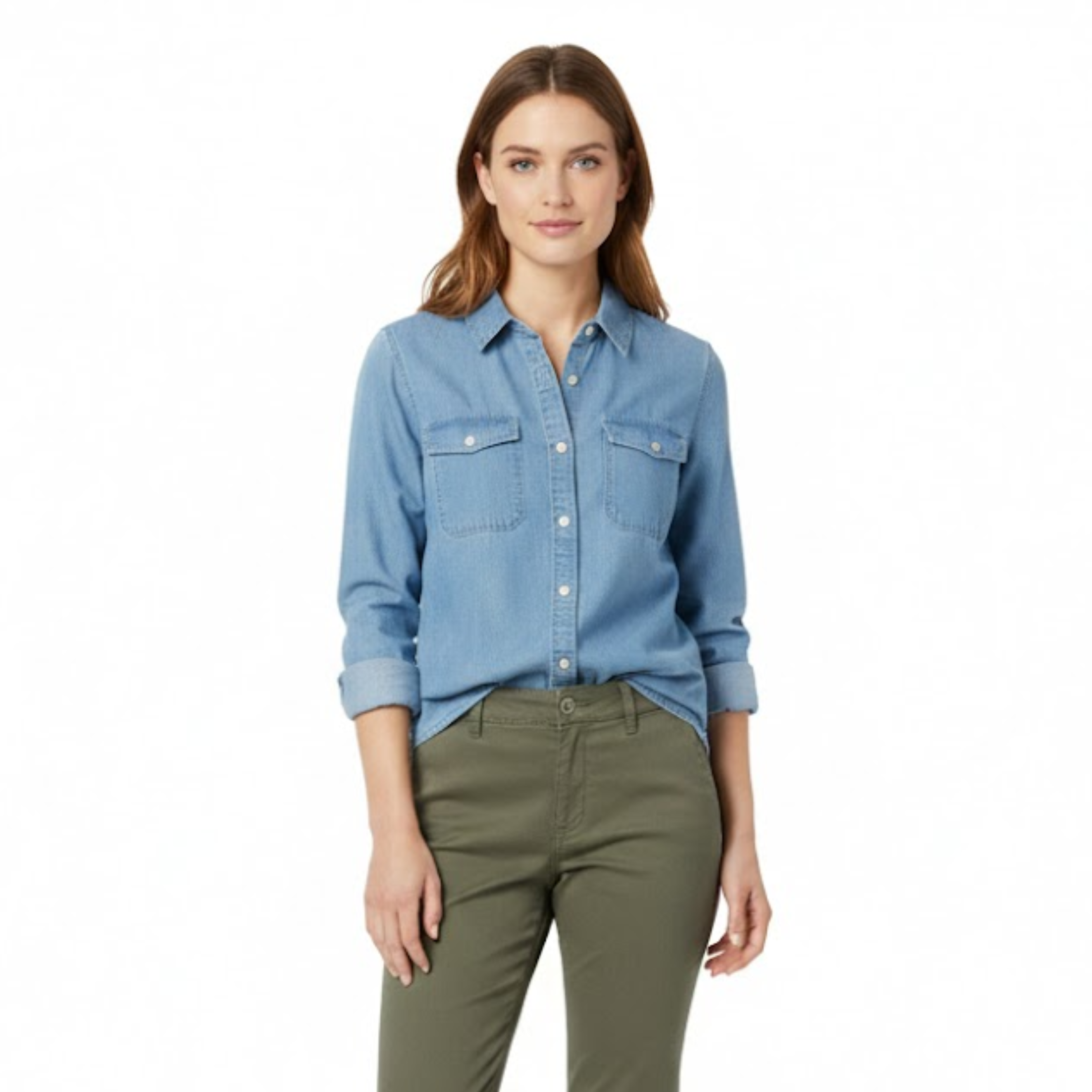 Women's Button Down Denim Shirt Long Sleeve Turn Down Collar Casual Cotton Blouse