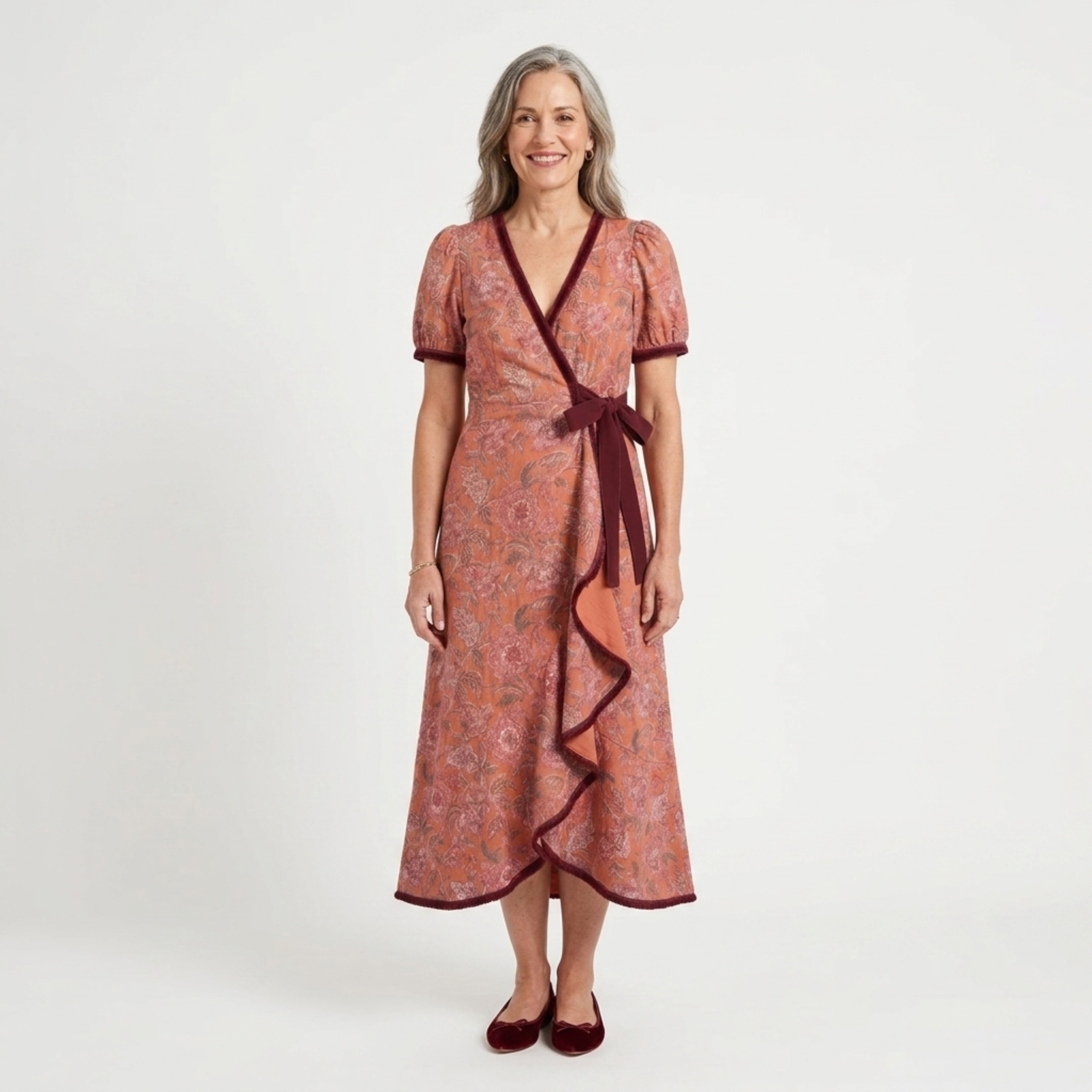 Women's Wrap Midi Dress Floral Print Puff Sleeve Ruffle Hem Occasion Party Dress