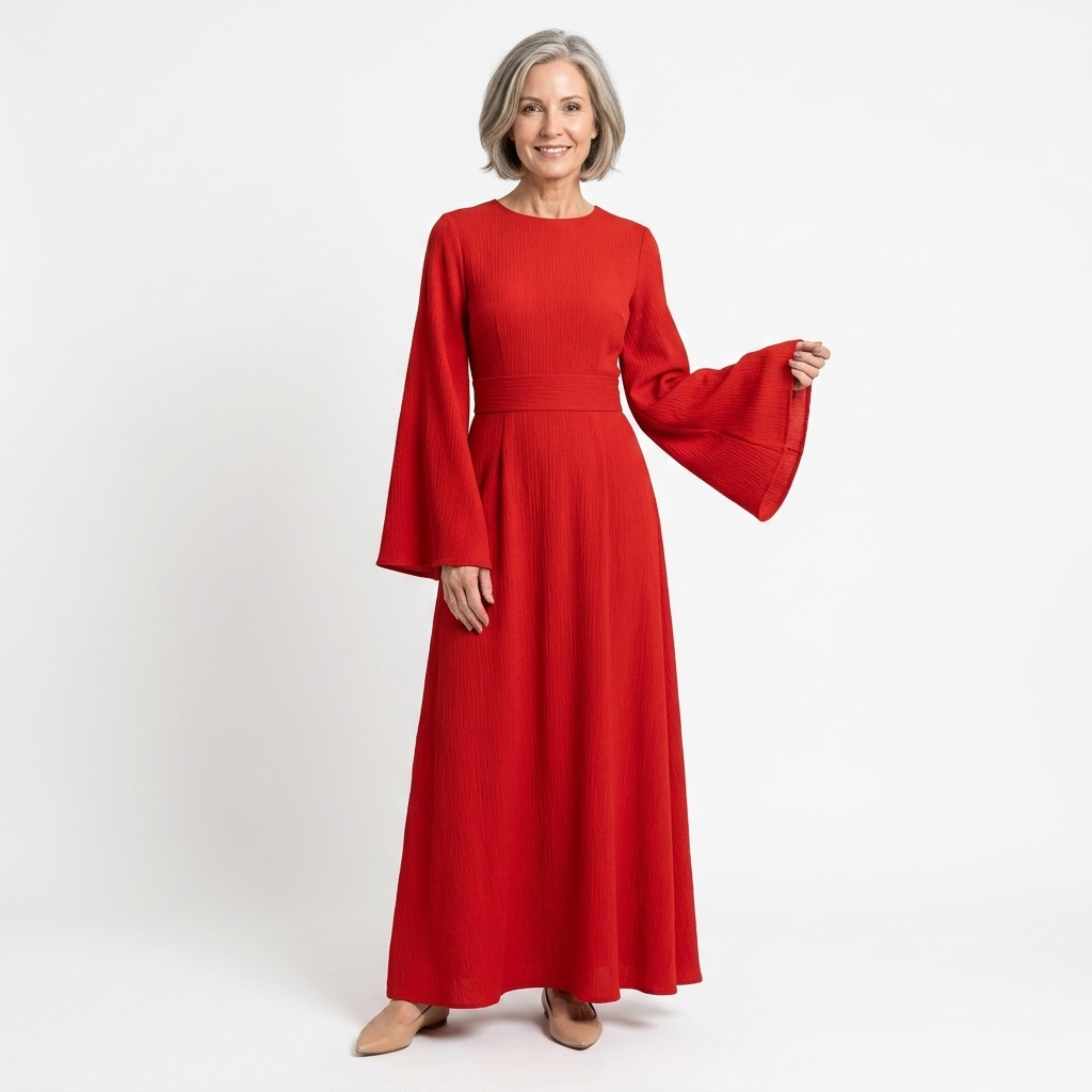 Women's Crew Neck Maxi Dress Bell Sleeve Ribbed Belted Waist Flowy Long Dress
