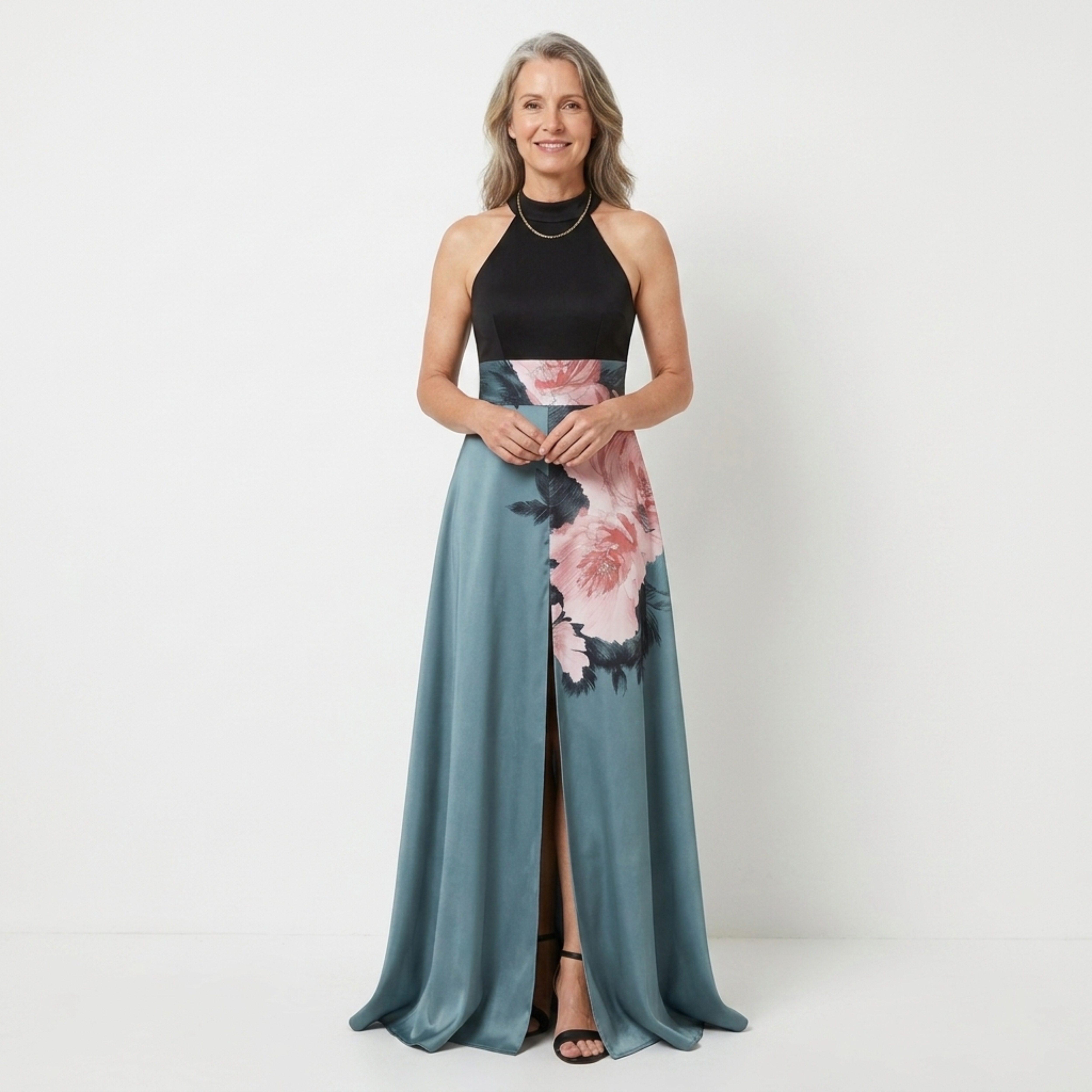 Women's Floral Maxi Dress Sleeveless High Neck Side Slit A-Line Formal Party Dress