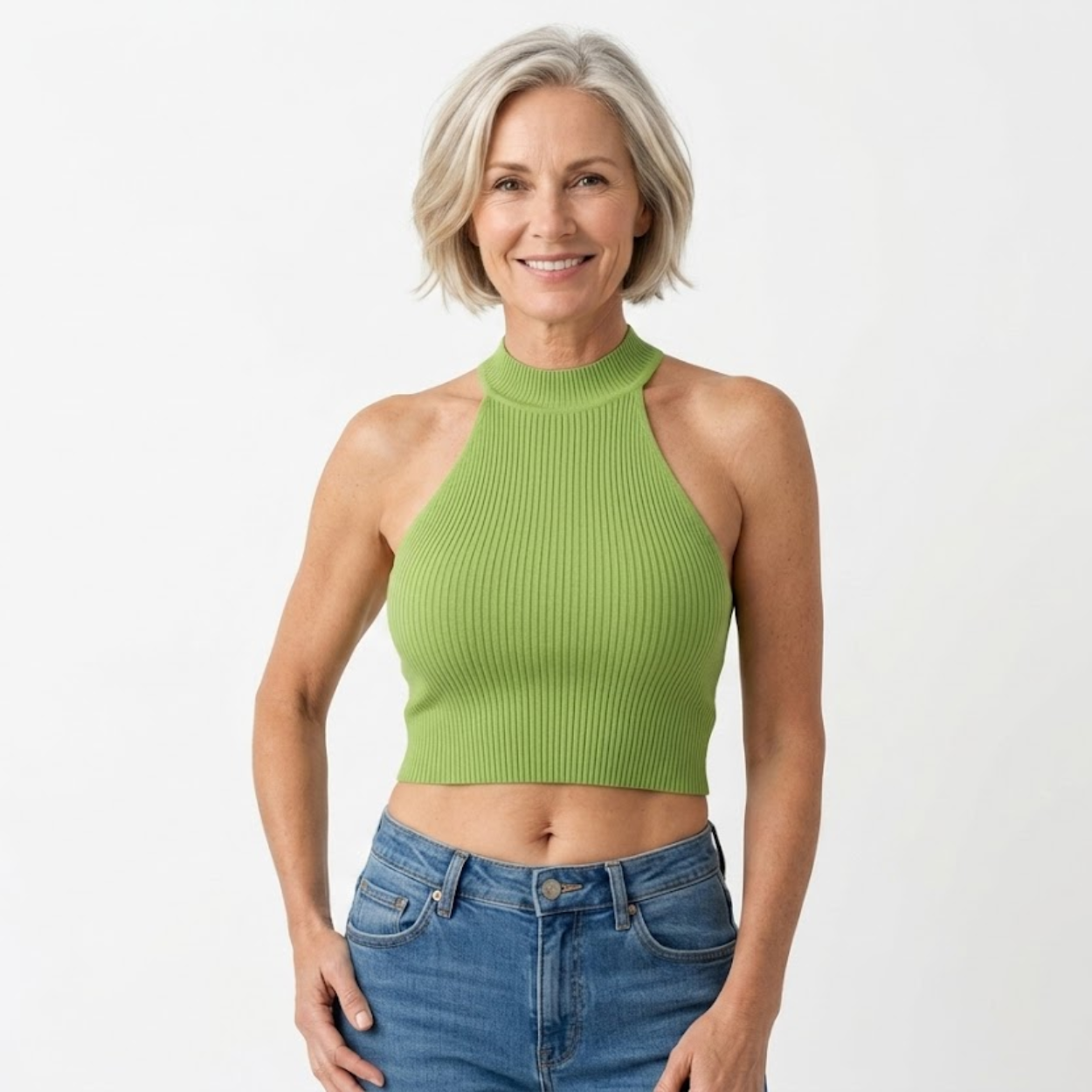 Ribbed crop top tank for women featuring mock neck and racerback cut
