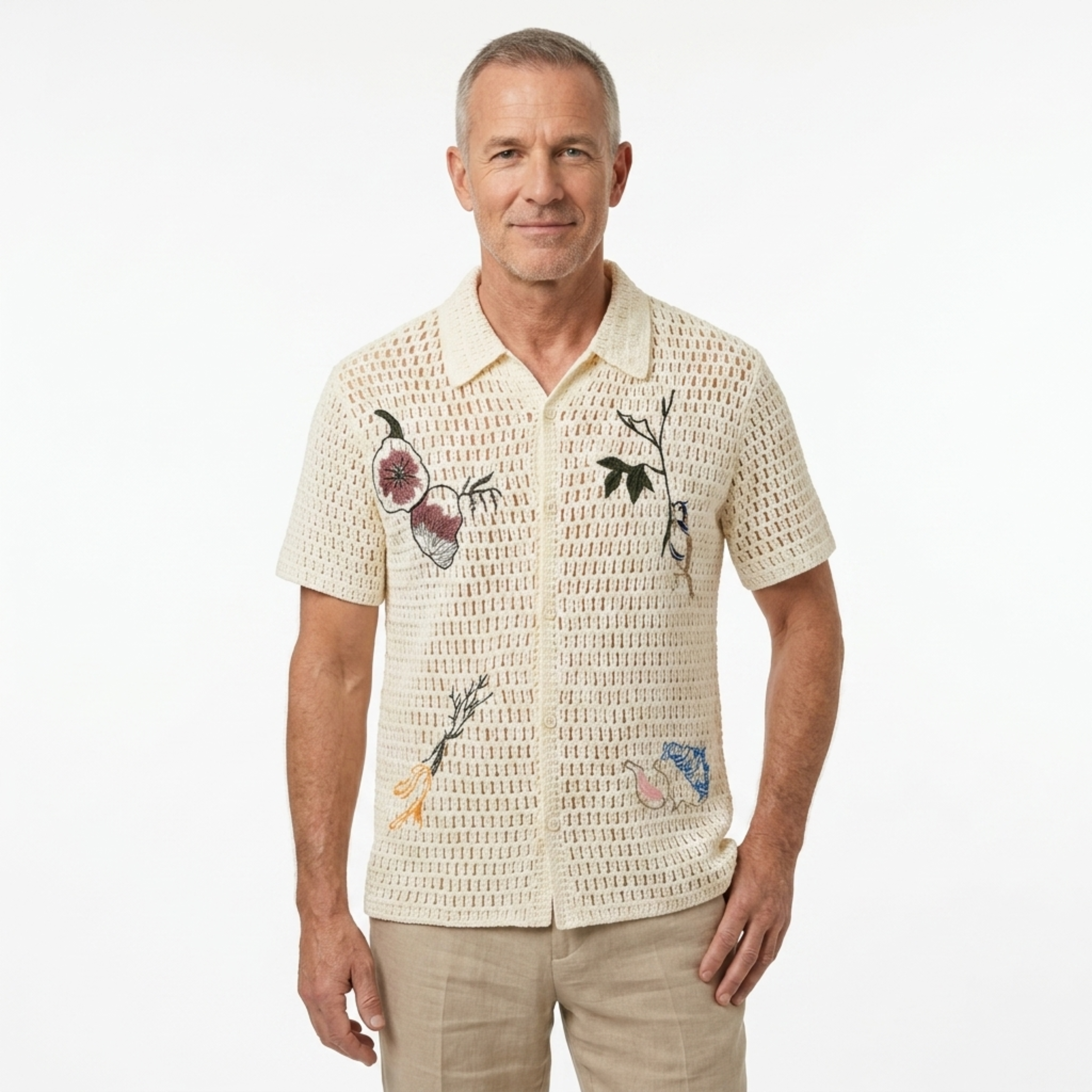 Crochet polo shirt for men — botanical embroidery — summer resort wear