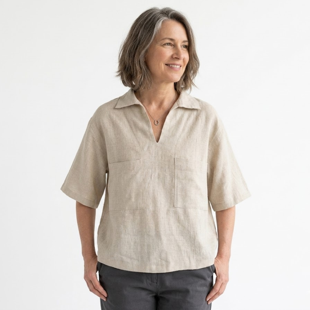 Women's pure linen polo top — relaxed oversized fit V-neck — beach vacation
