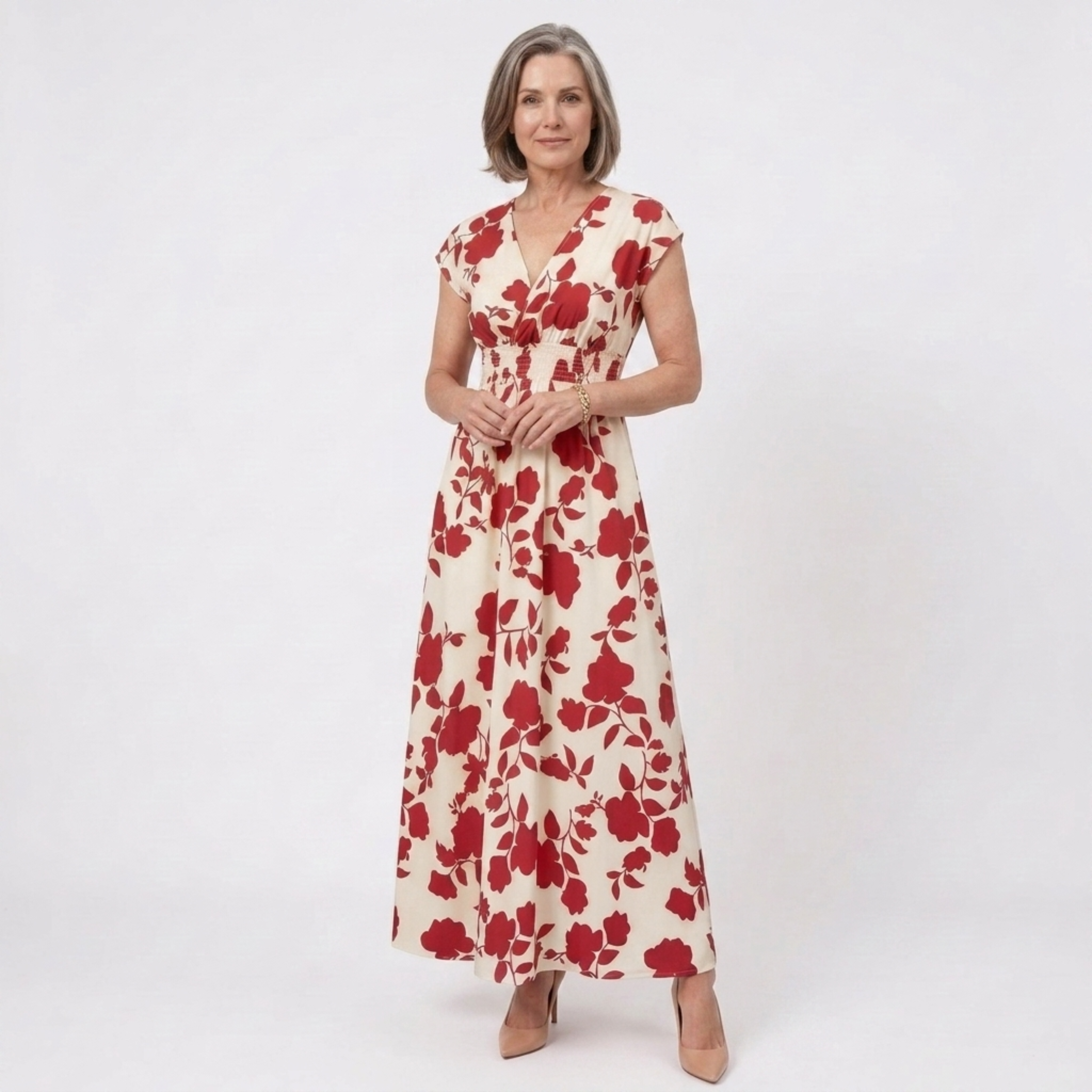 Women's Floral Maxi Dress V-Neck Cap Sleeve Smocked Waist A-Line Occasion Dress
