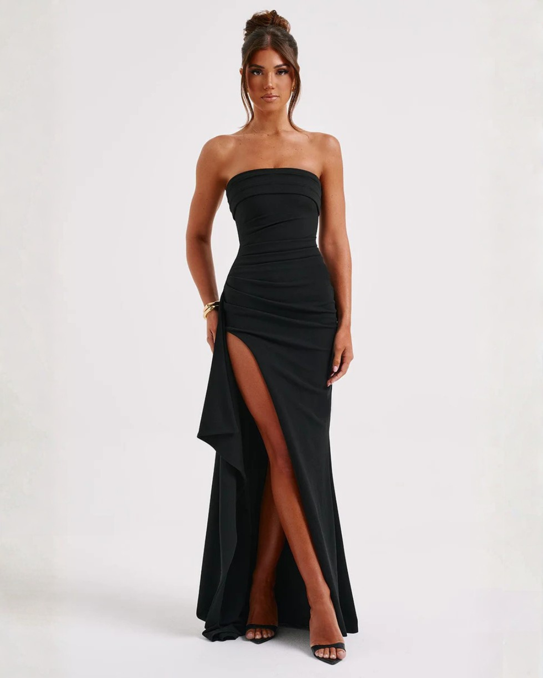 Women maxi dress - strapless ruched with thigh-high split | gala & formal