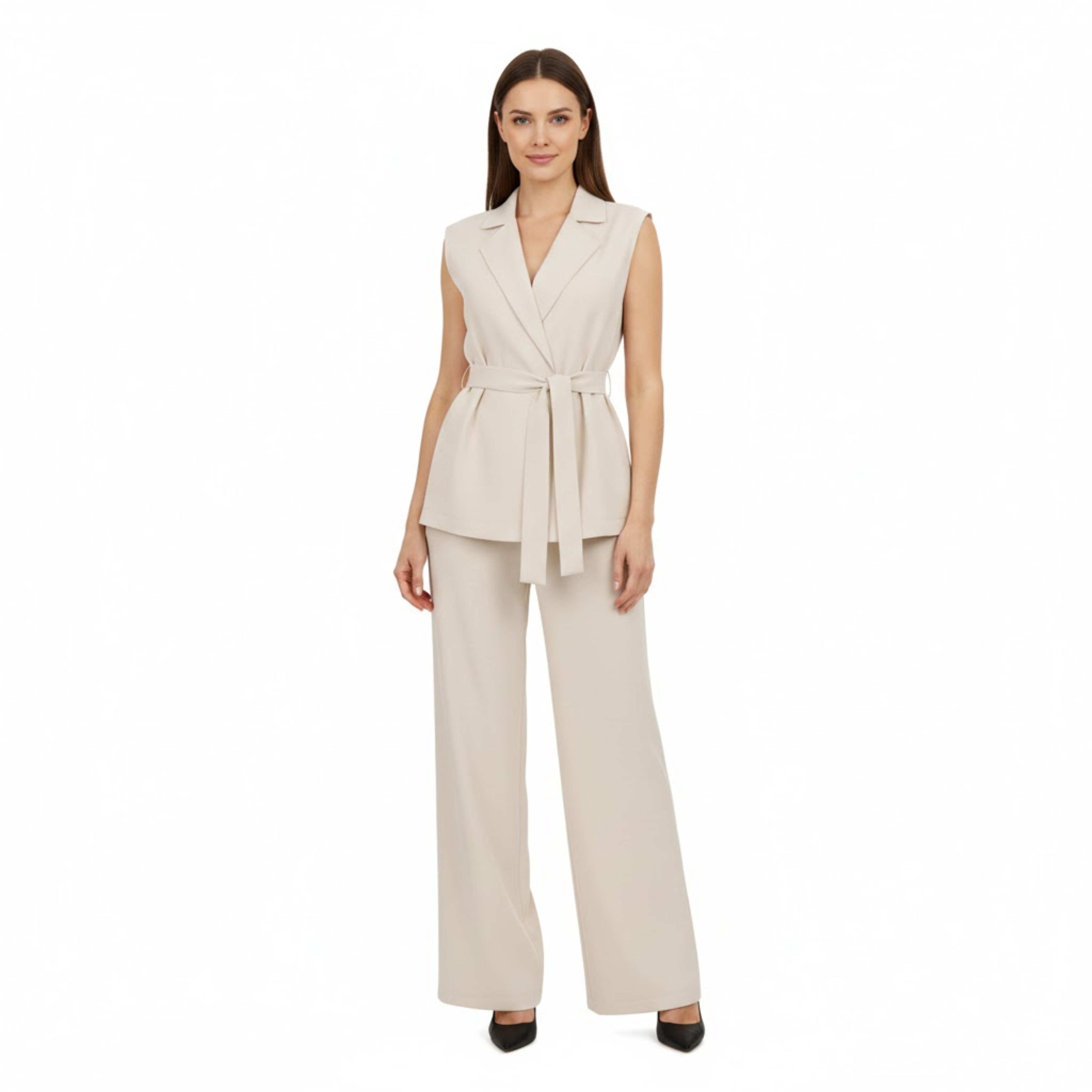 Sleeveless Vest and Wide Leg Pants Set with Turn Down Collar and Tie Waist Belt