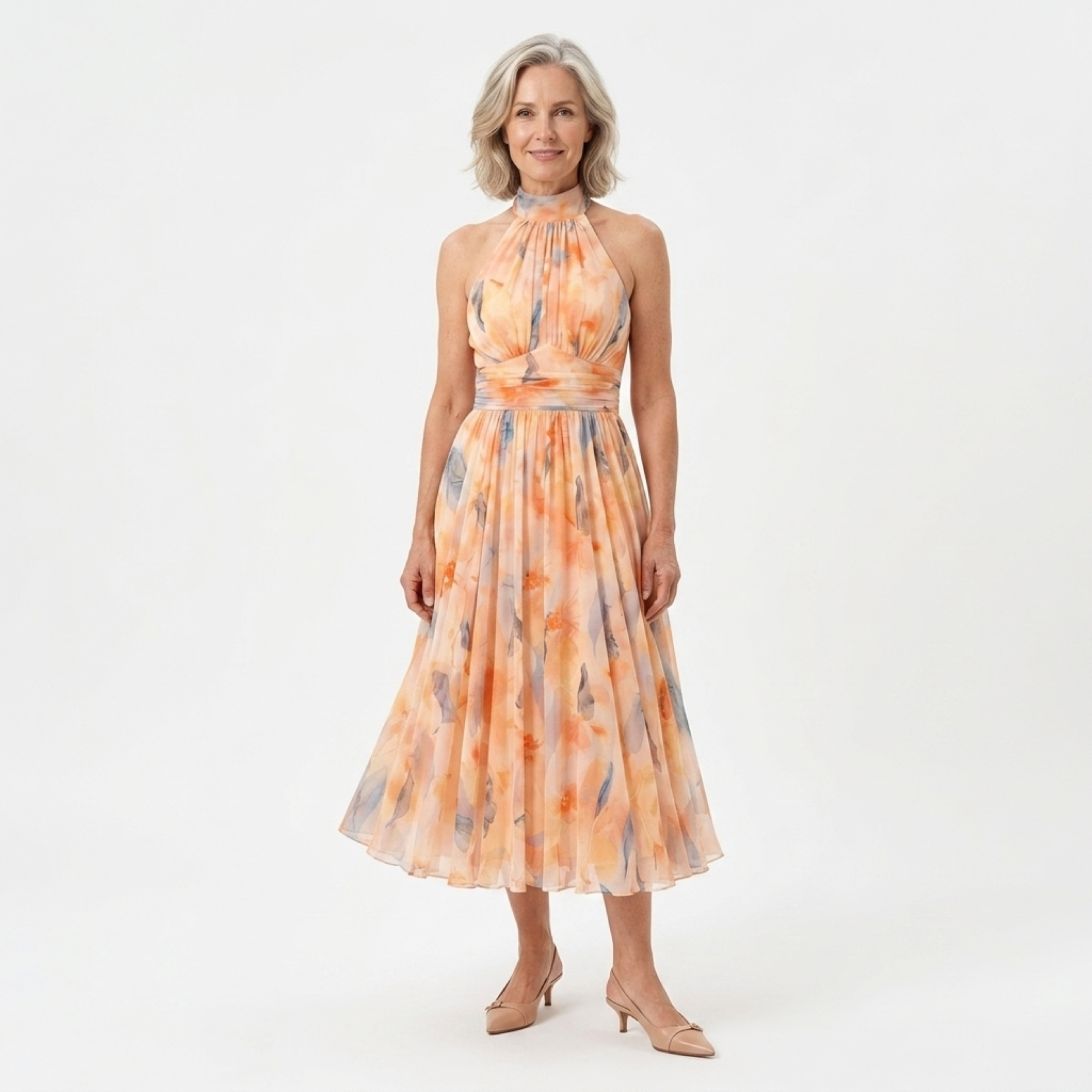 Women's Chiffon Floral Maxi Dress Open Back Halter Neck Flowy Skirt Formal Occasion