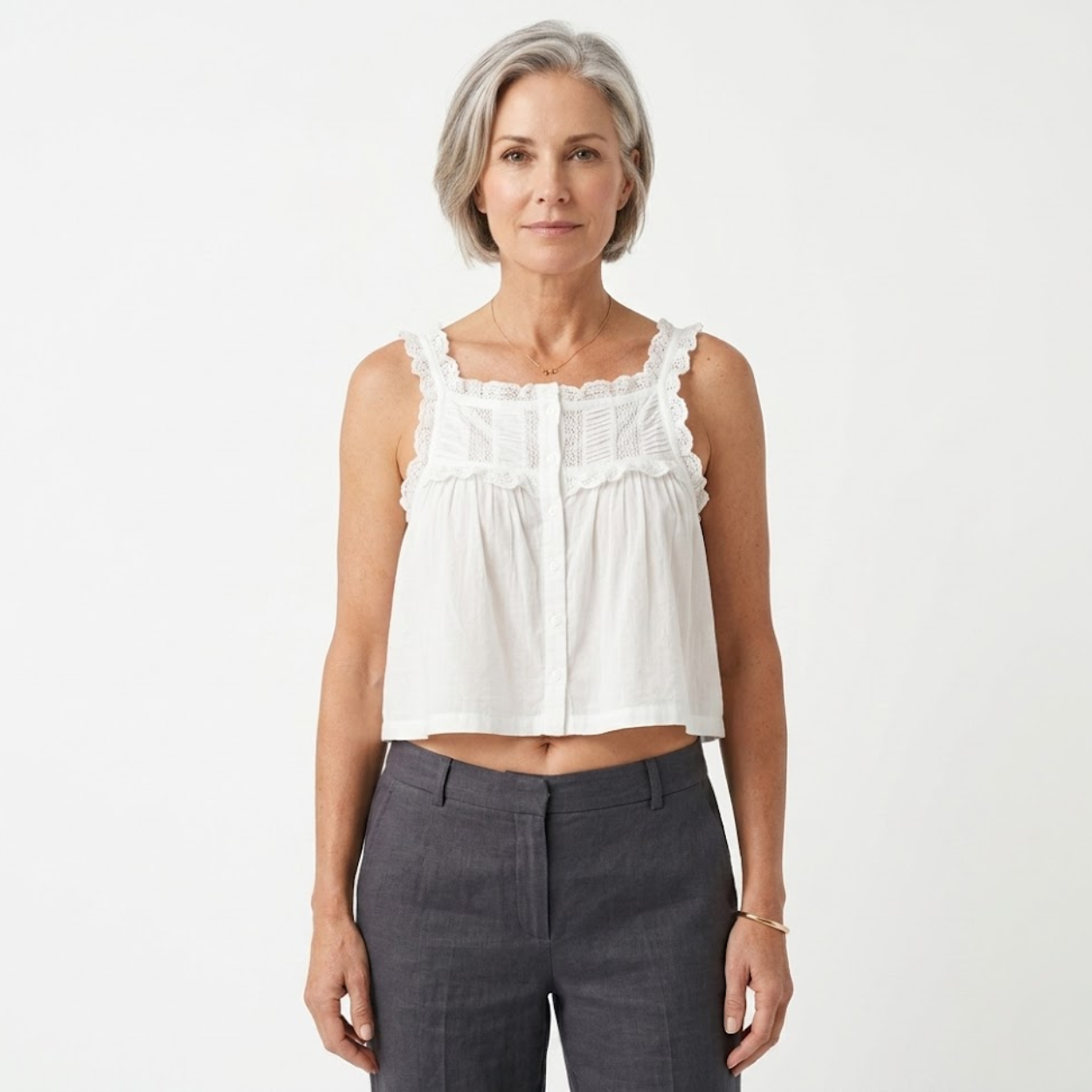 Crop top tank for women with ruffle lace and button front — beach outfit