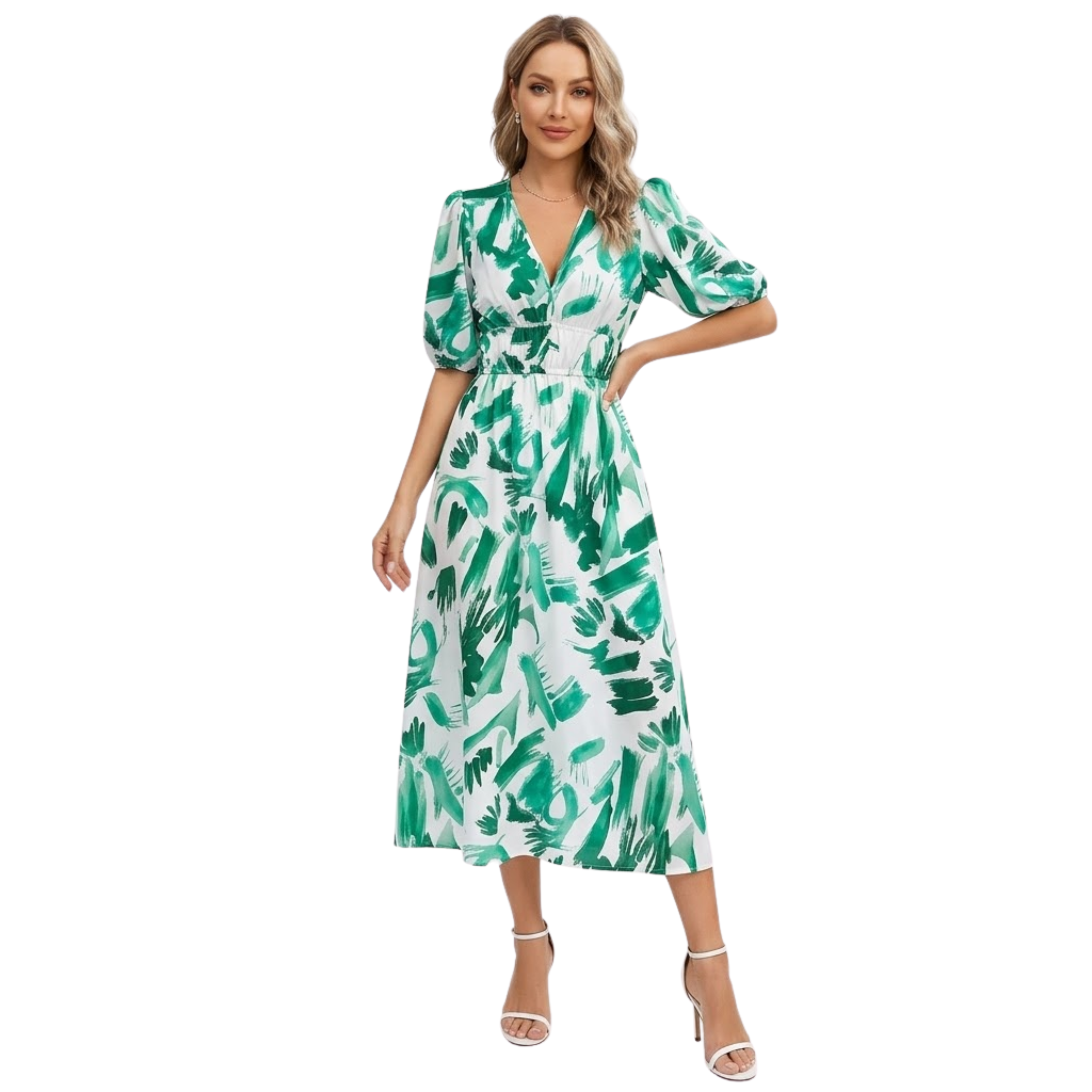 Women's V-Neck Short Sleeve Floral Midi Dress Elastic High Waist Cotton Blend Chiffon