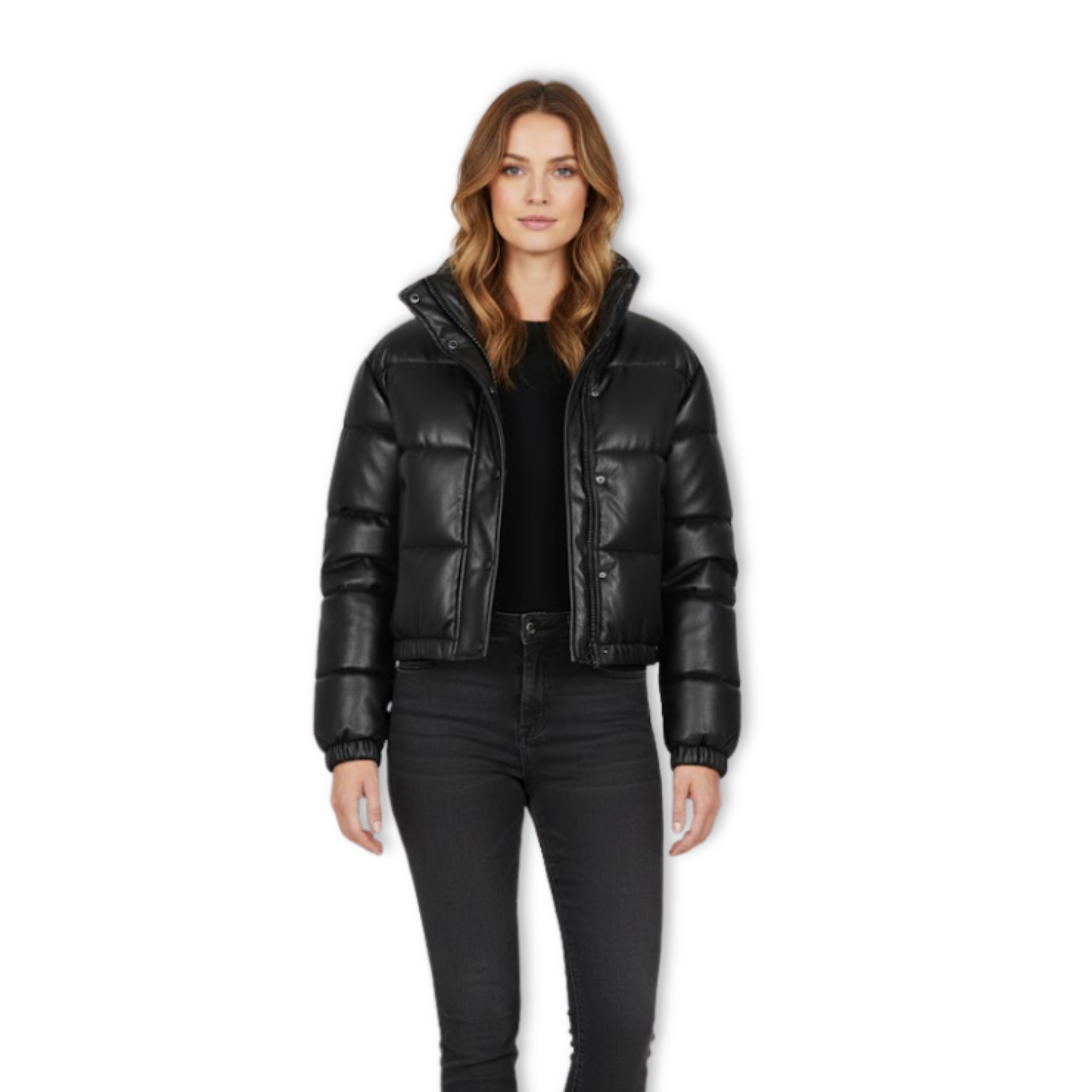 Women's Faux Leather Puffer Jacket Short Quilted Parka With Zipper Closure