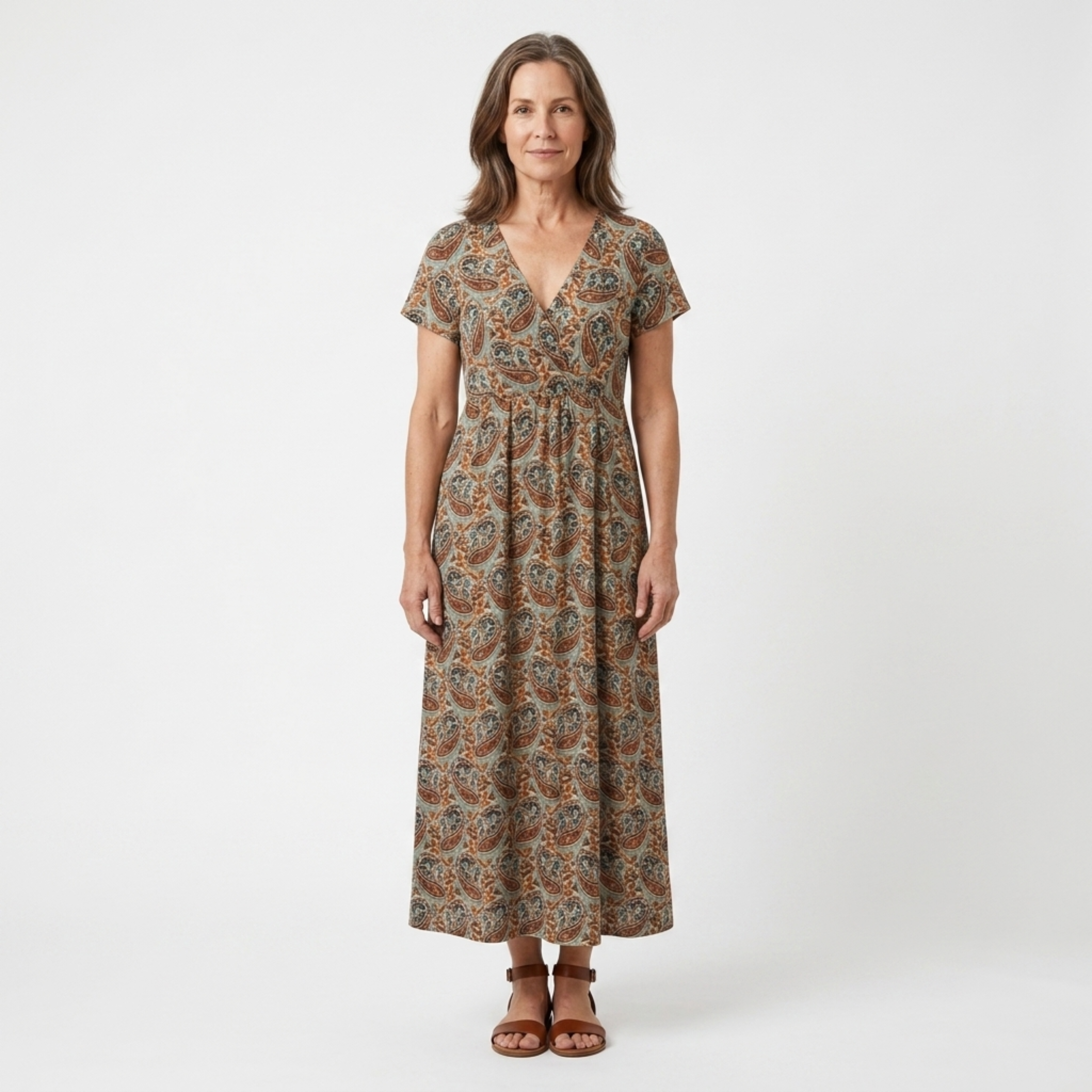 Boho Maxi Dress V-Neck Short Sleeve Floral Print Side Slit Casual Summer Gown
