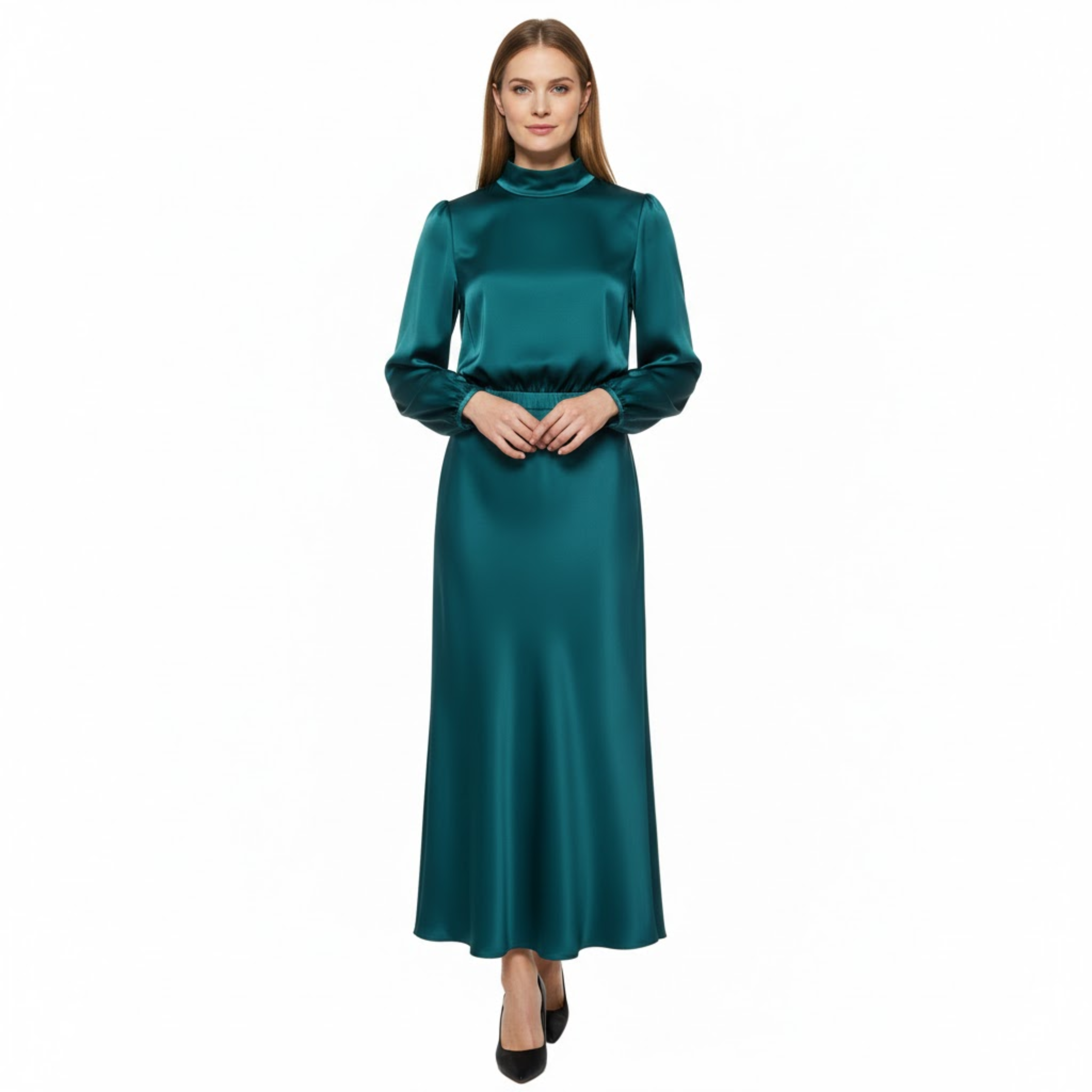 Satin High Neck Maxi Dress Long Sleeve Empire Waist Asymmetrical Evening Party Gown