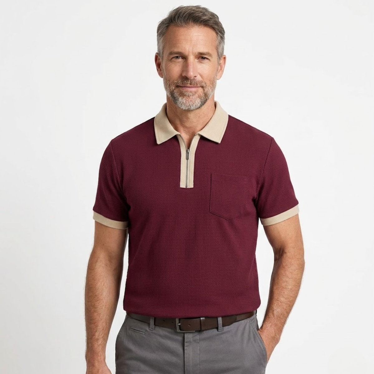 Men's textured polo shirt — front zip regular fit — casual daily office