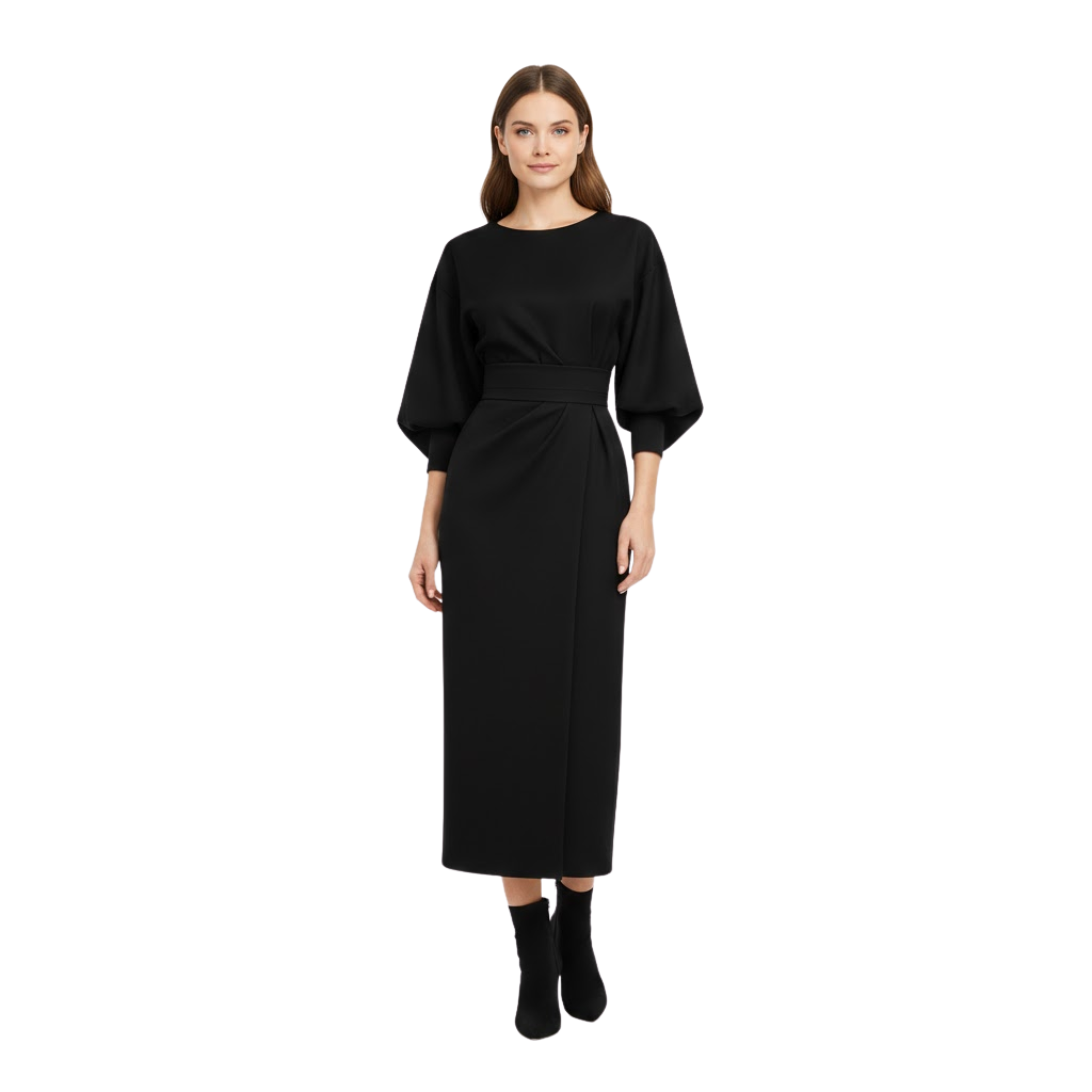 High-Waist A-Line Midi Dress with Batwing Kimono Sleeves and Wrap Front