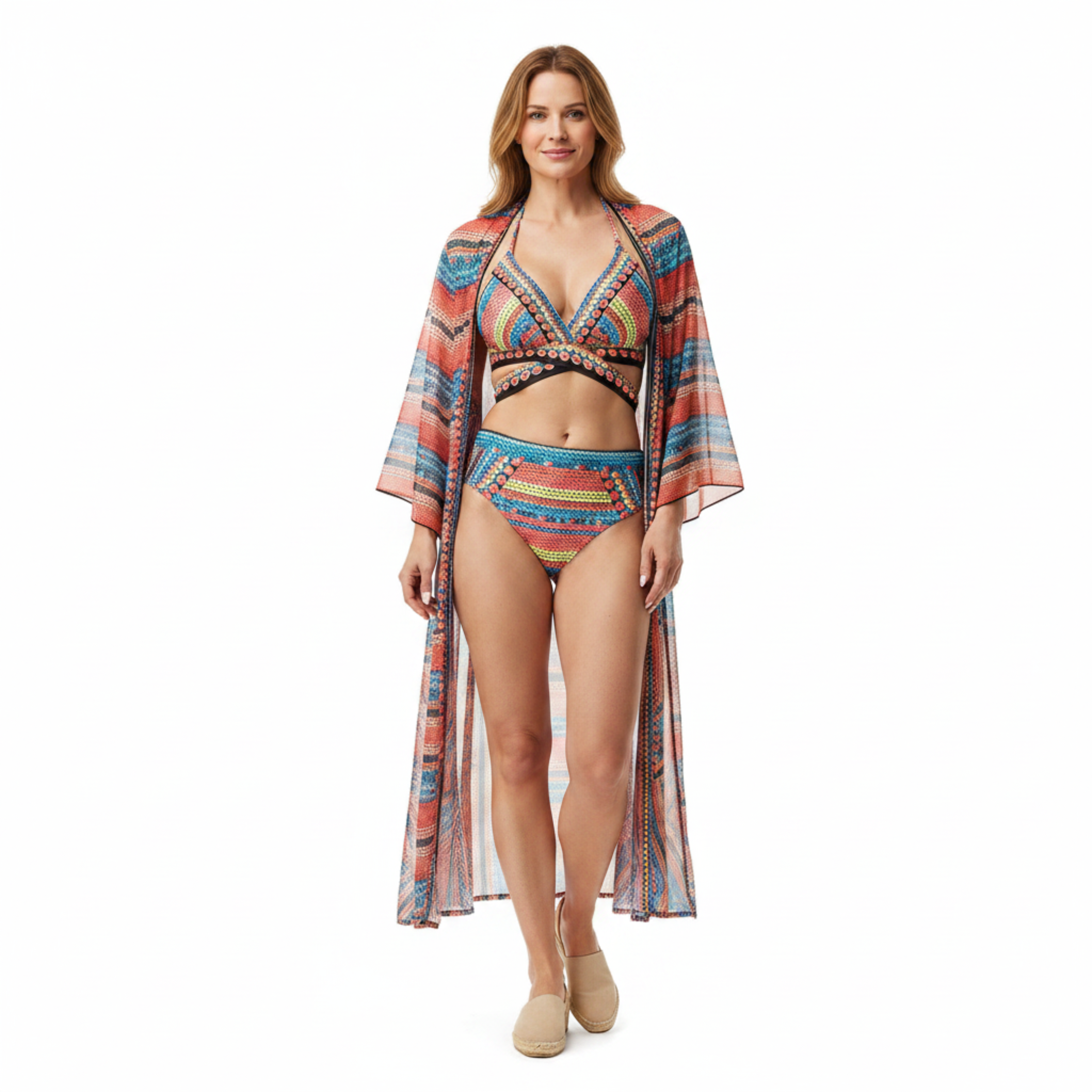 High Waist 3 Piece Bikini Set with Halter Triangle Top and Kimono Cover Up
