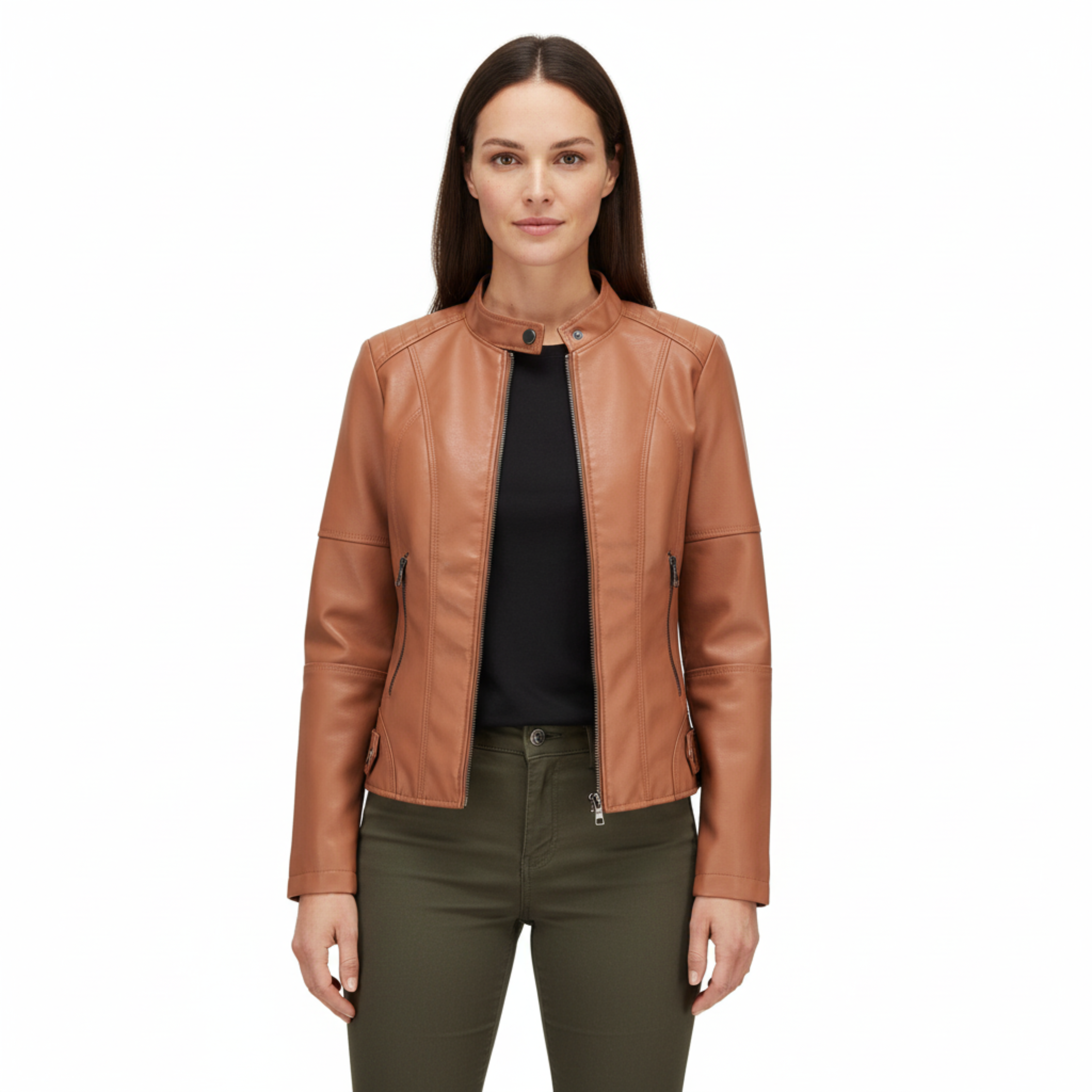 Faux Leather Biker Jacket for Women with Stand Collar and Zip Pockets