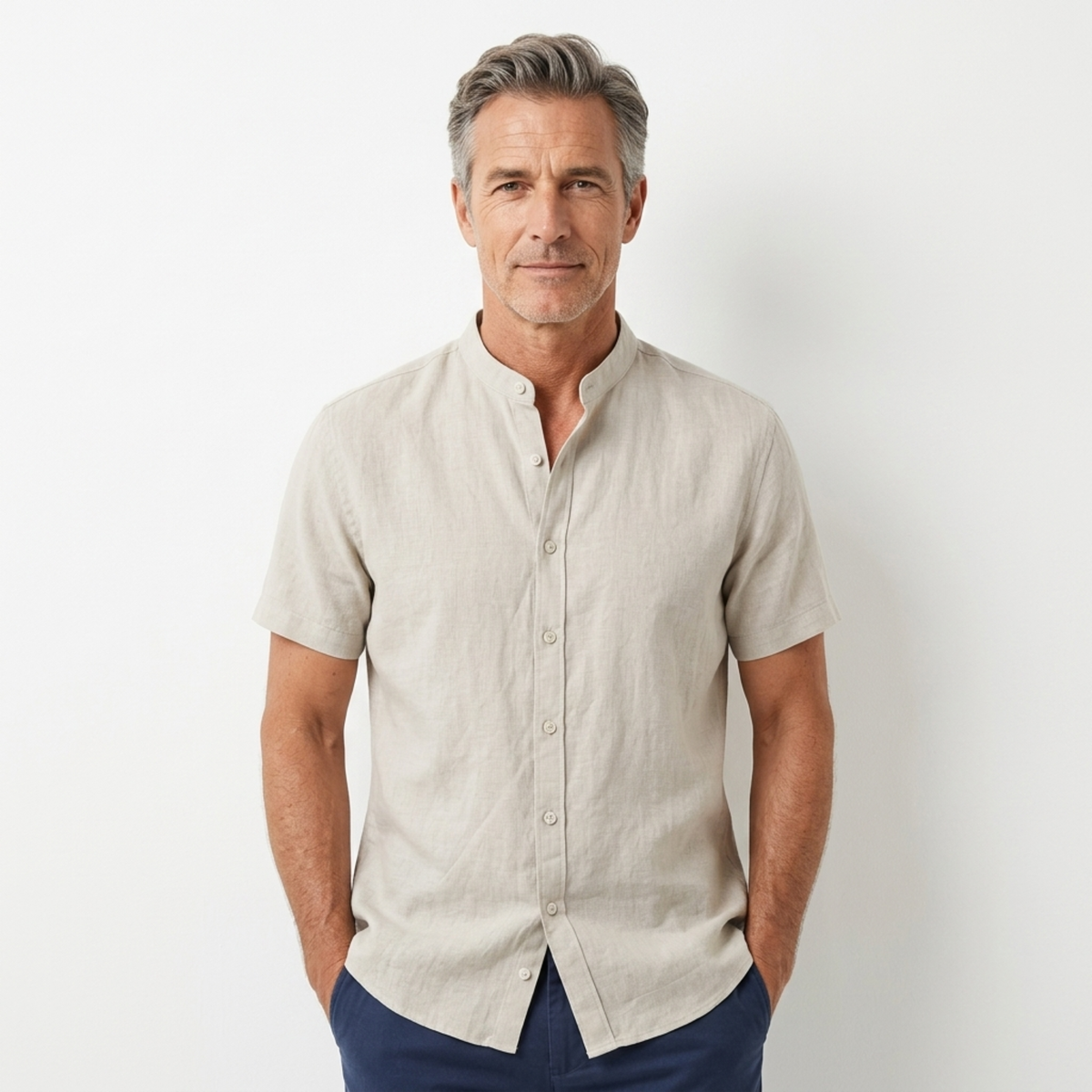 Men's linen shirt — band collar short sleeve — casual beach wear