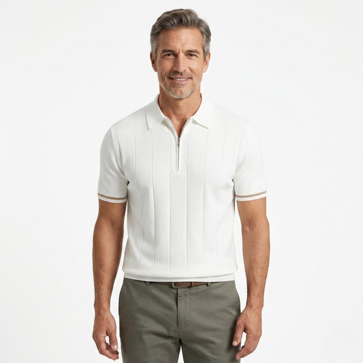 Men's short sleeve knit polo — half-zip vertical stripes — business casual
