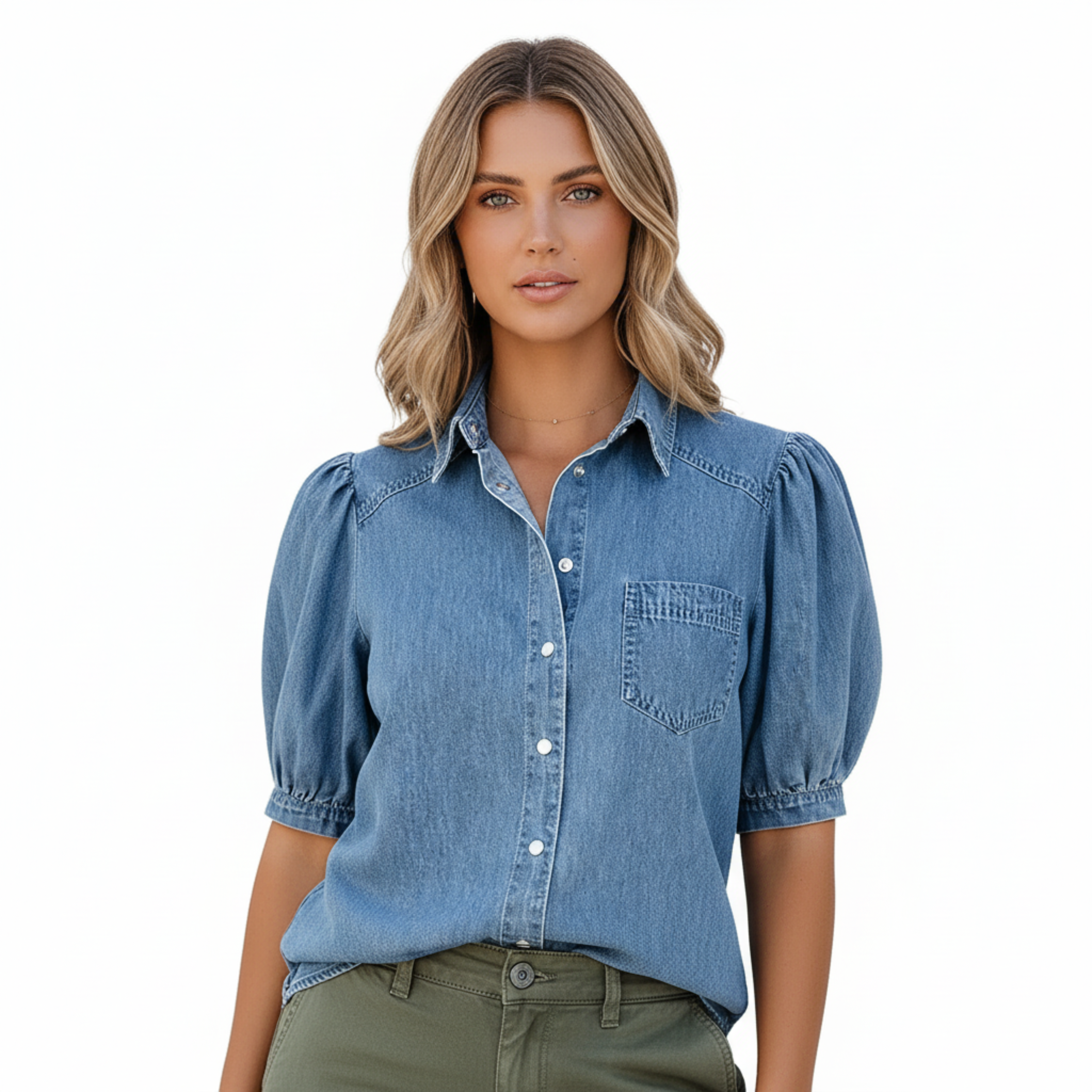 Short Sleeve Denim Shirt Women's Puff Sleeve Button Up Blouse with Pocket