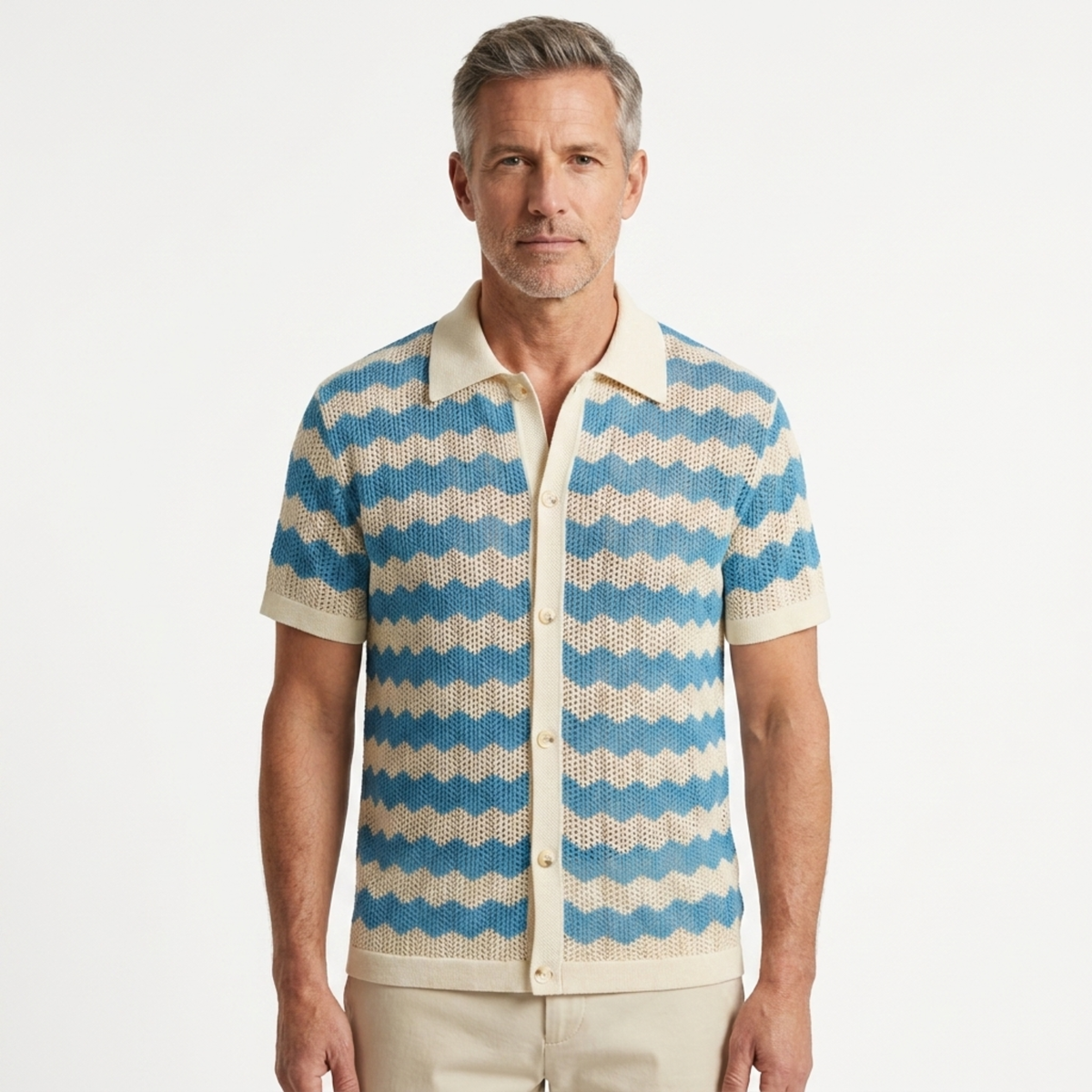 Men's knit polo shirt — vertical jacquard stripes — vintage resort wear